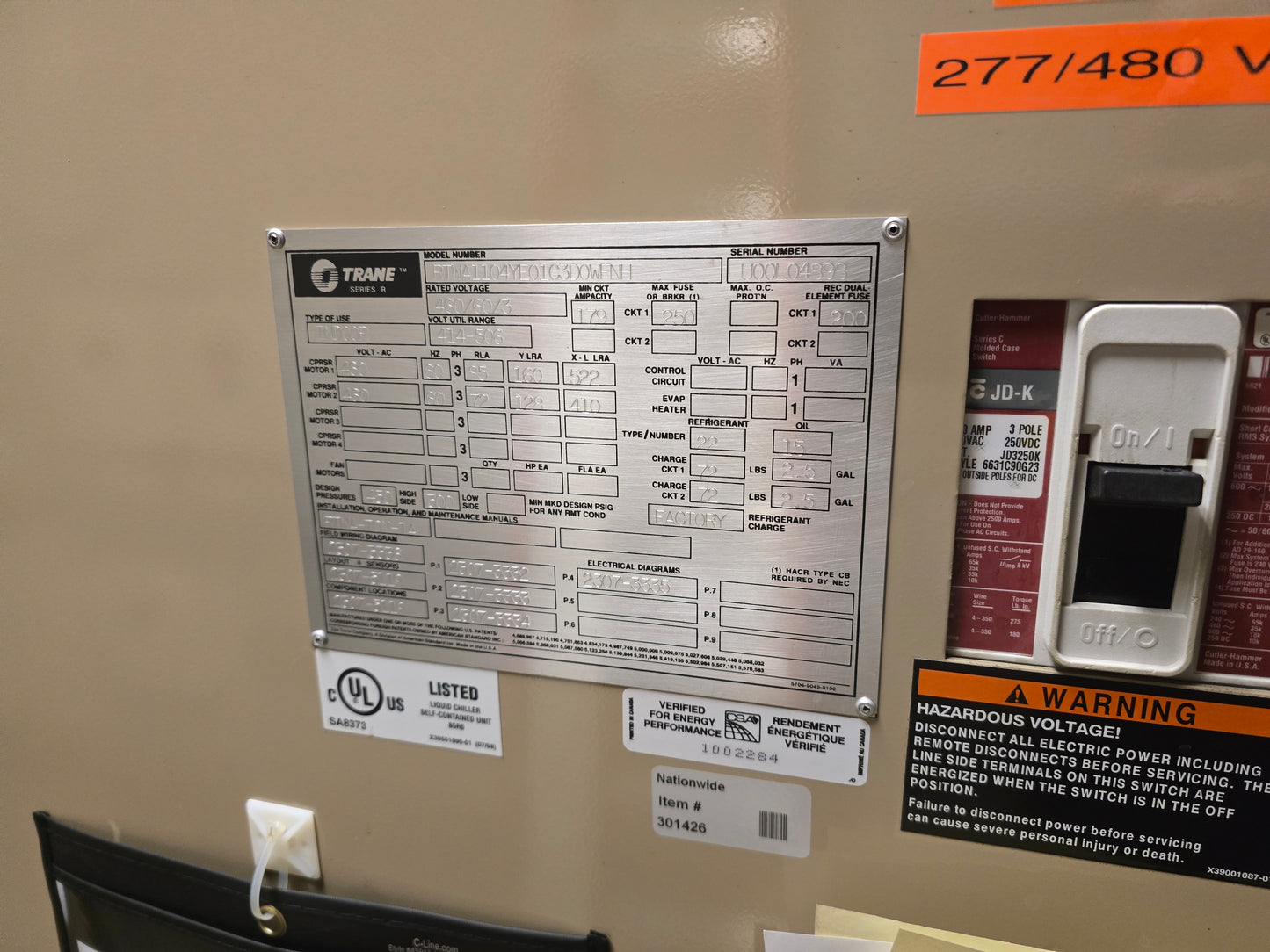 Trane RTWA110 Series R 110-Ton Water-Cooled Rotary Screw Liquid Chiller - Used