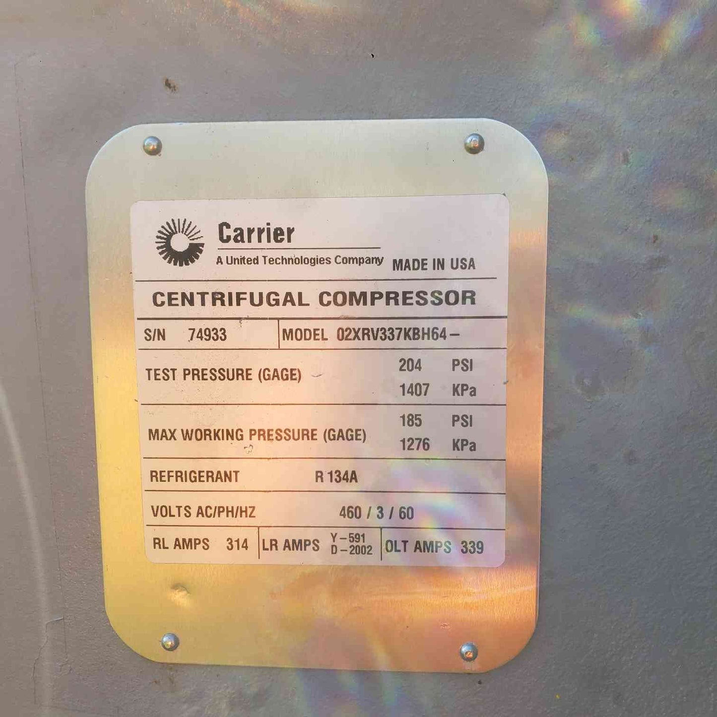 Carrier Evergreen 300 Ton 350 Ton 460V 3PH 60Hz 277A Chiller 19XRV3537337KBH64 (SKU: 113185)