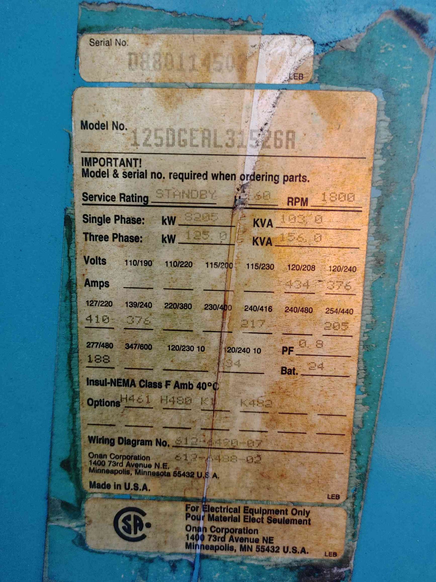Cummins Onan 125 kW Diesel Generator 125DGEAL 3 Phase Single Standby Enclosure 1157.9Hrs TESTED(SKU: 114117)