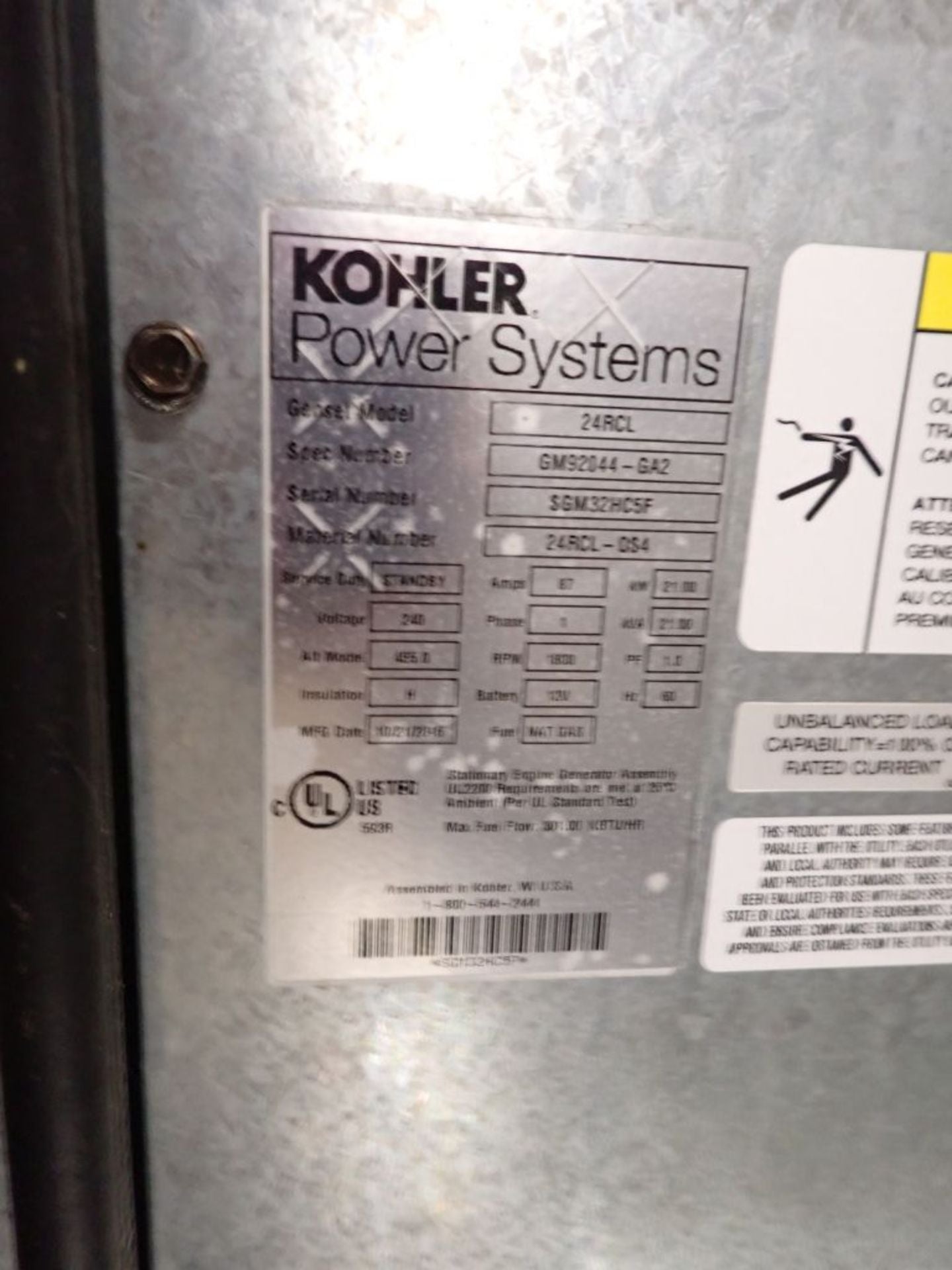 20KW 21KW Kohler 24RCL Nat Gas LP Standby Generator 1ph 240v (SKU: 110104)