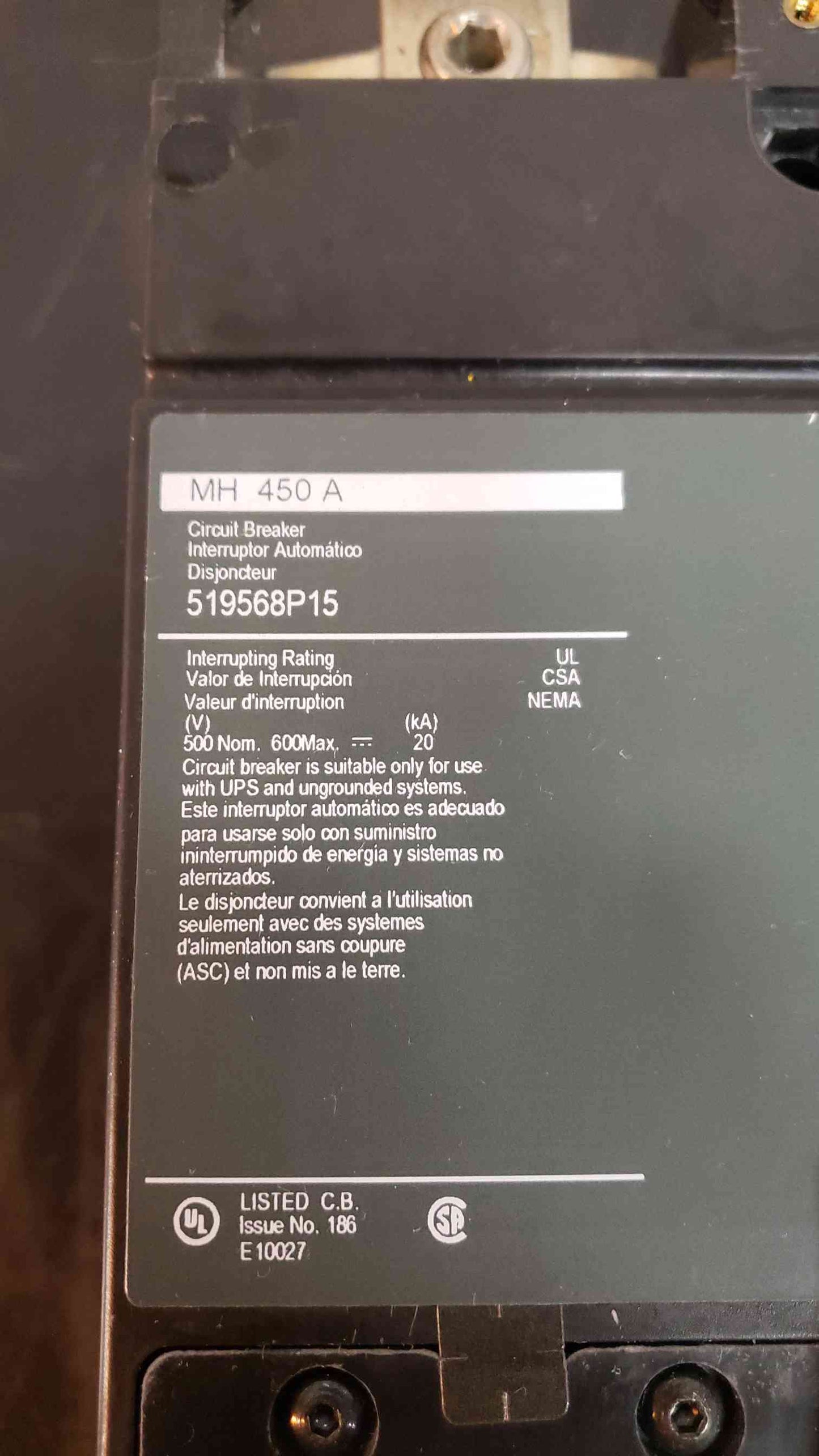 Square D 450 Amp Breaker MH 450 A 519568P15 (SKU: 2864AA)