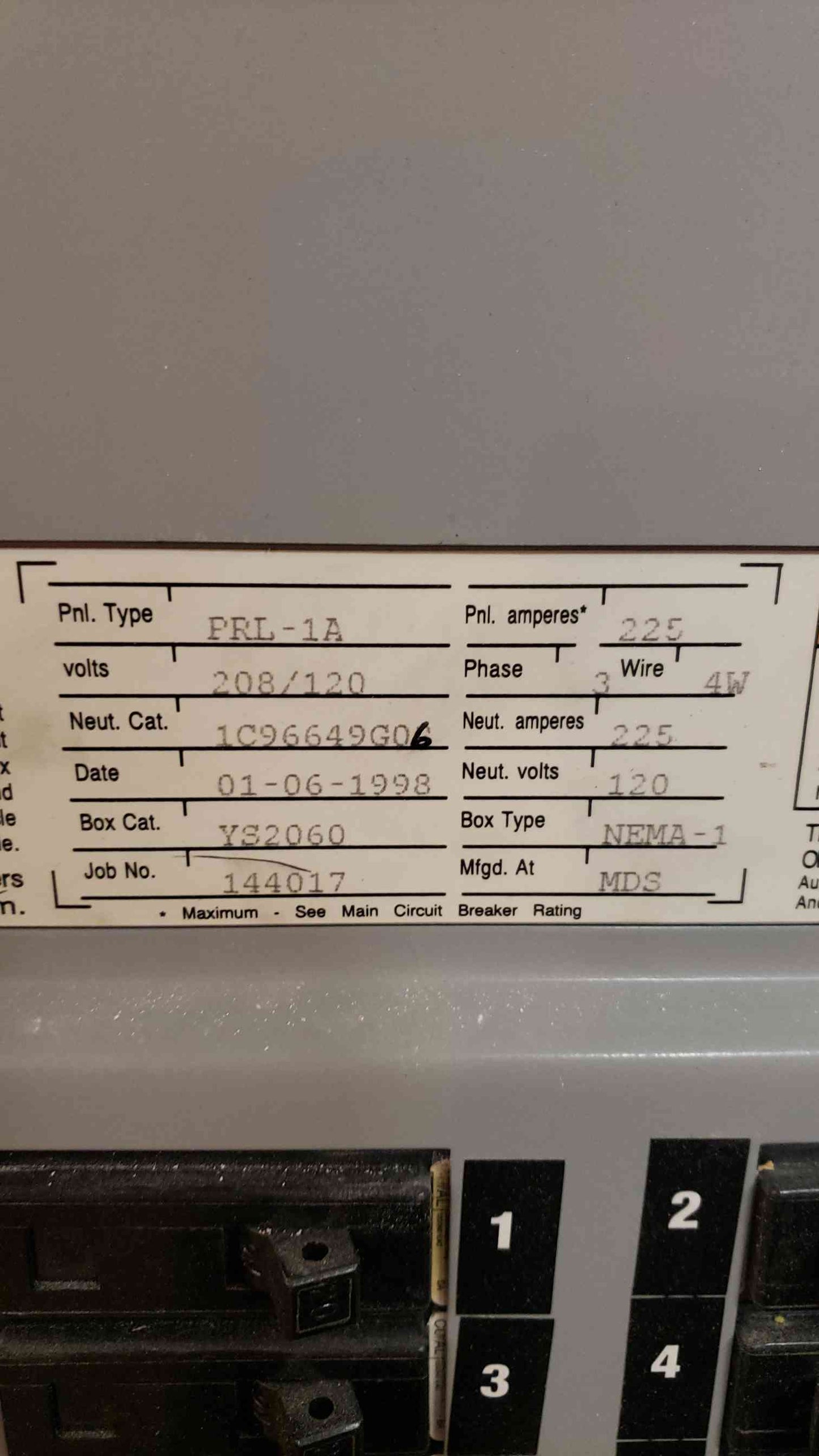 Cutler-Hammer PRL-1a 225A 120/208V 3PH Panelboard LOADED 42-Circuit