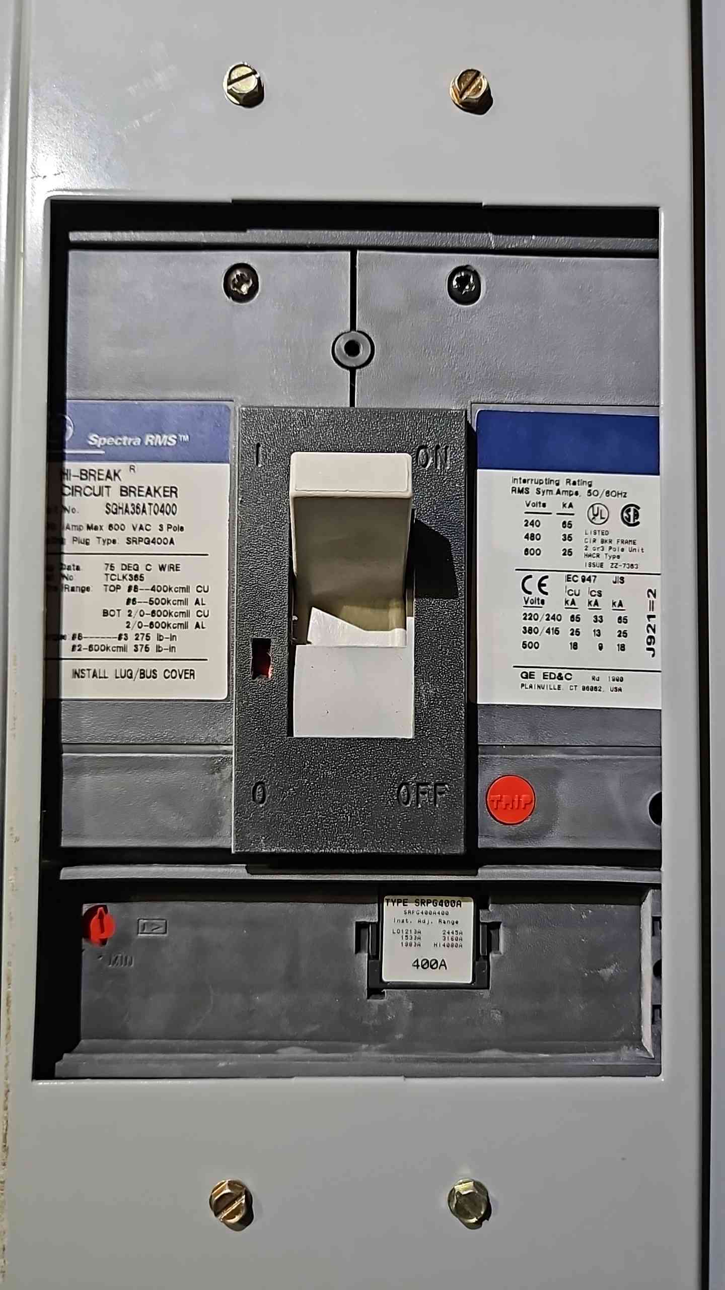 400A  480V GE Spectra Series Panelboard 480V, 277V 3Ph 10 Breaker & Main (MDP #1,3,5) (101398)(101398)