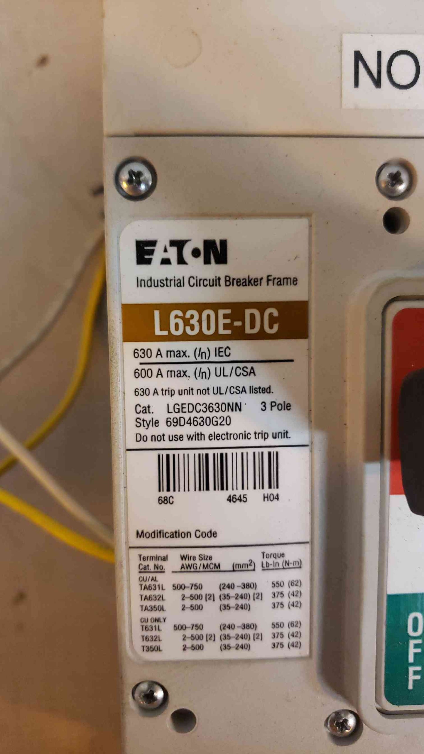 Eaton Circuit Breaker Frame 3 Pole 600A LGEDC3630NN (SKU:103224)