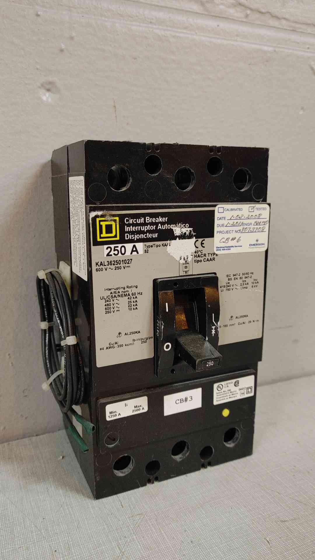 Square D 250A 3 Pole Circuit Breaker 600V 250V 22KA KAL362501027(104645)