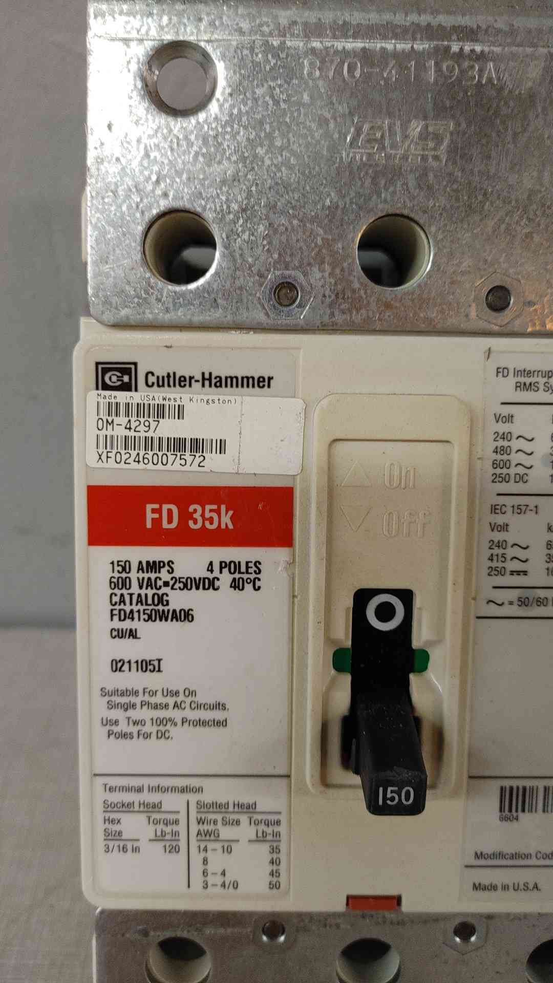Cutler-Hammer 150A 4 Pole Circuit Breaker 600VAC 250VDC FD4150WA06(104742)
