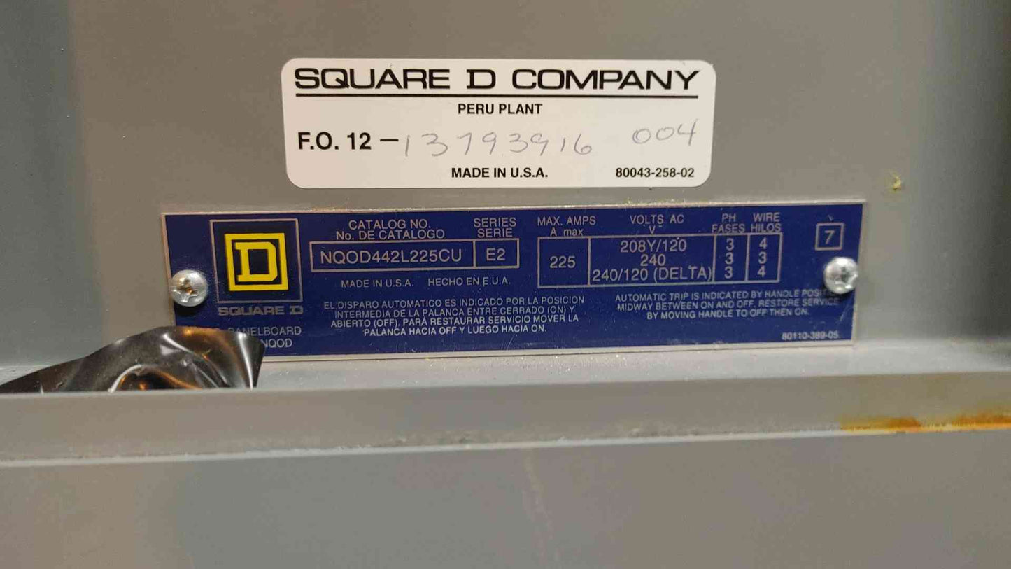 Square D NQOD Panelboard w/ Main 225A 208Y/120VAC 240/120V 3PH 4W NQOD (106368)