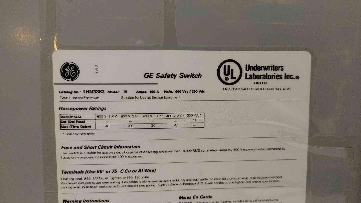 *Pickup Only* General Electric Heavy Duty Safety Switch 100A 600VAC 250VDC 3PH THN3363