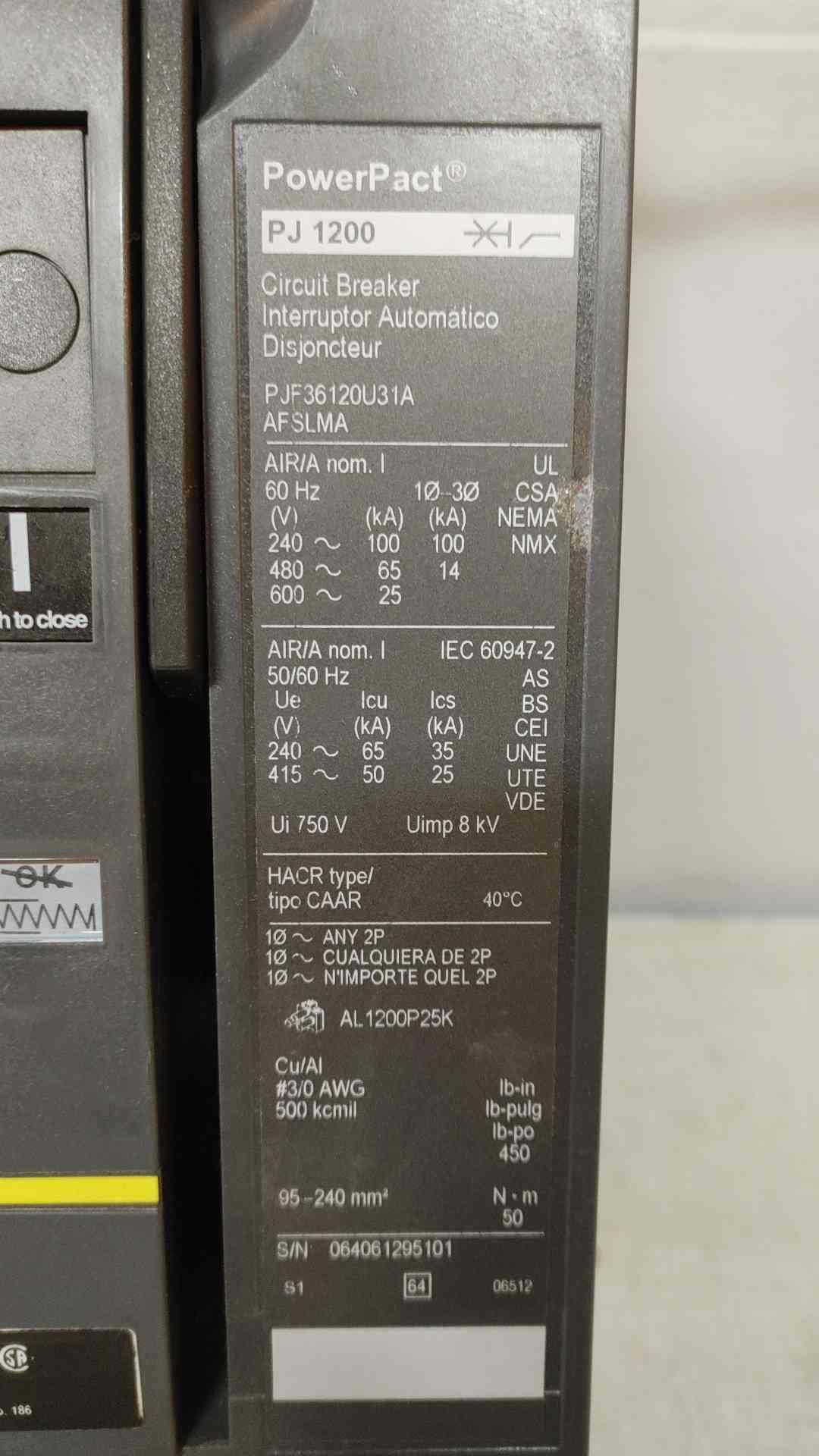 Square D 1200A Circuit Breaker PJ1200 PowerPact PJF36120U31A