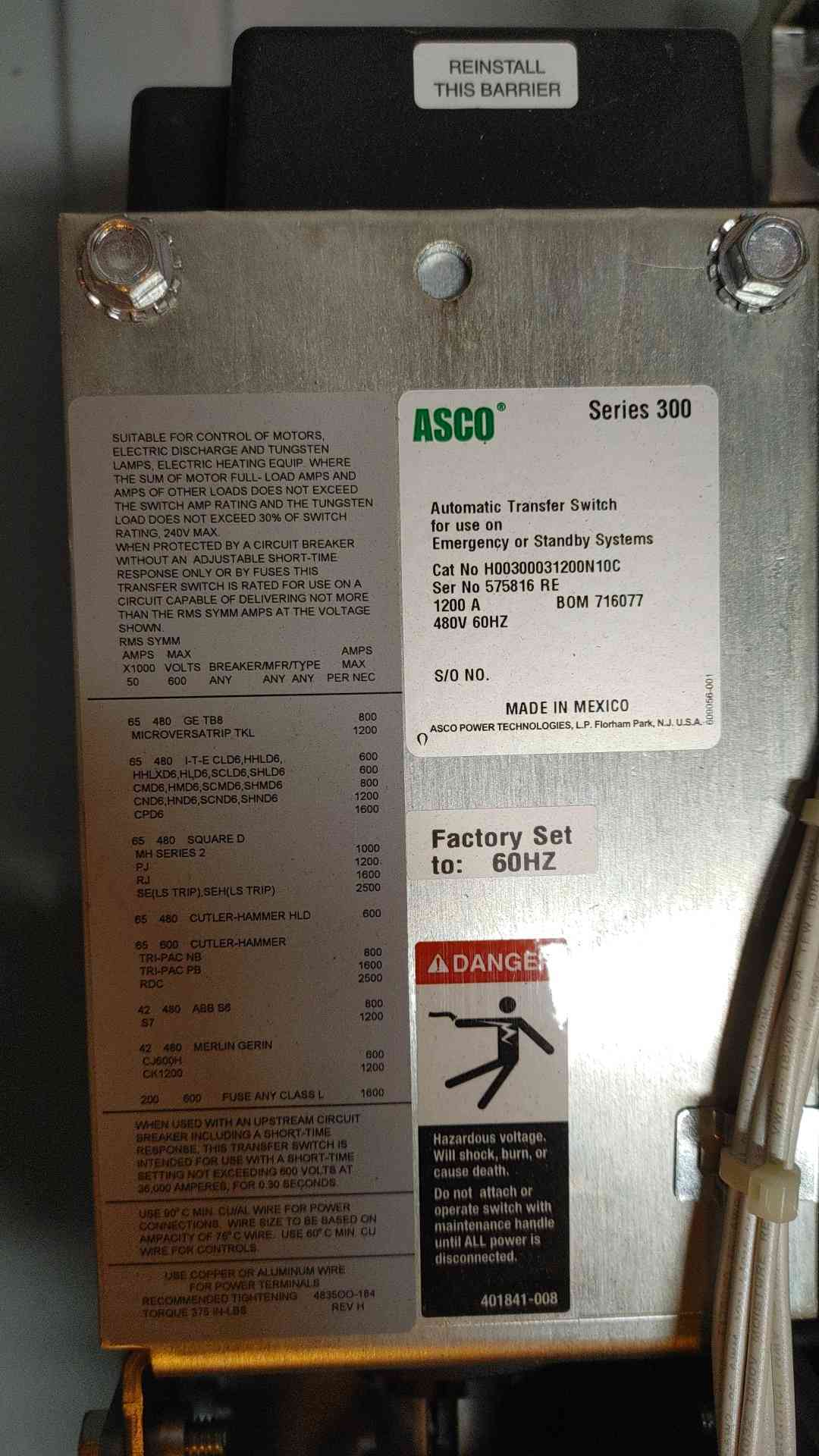 ASCO Series 300 ATS 1200A 480V 3PH H00300031200N10C Transfer Switch