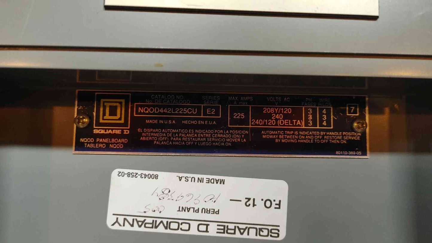 Square D NQOD Panelboard 225A 208Y/120VAC 3PH 4W MHC38S