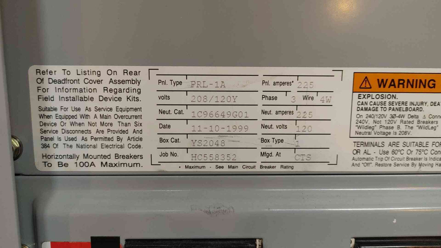 Cutler-Hammer Pow-R-Line 225A 3PH 4W 208Y/120VAC PRL-1A