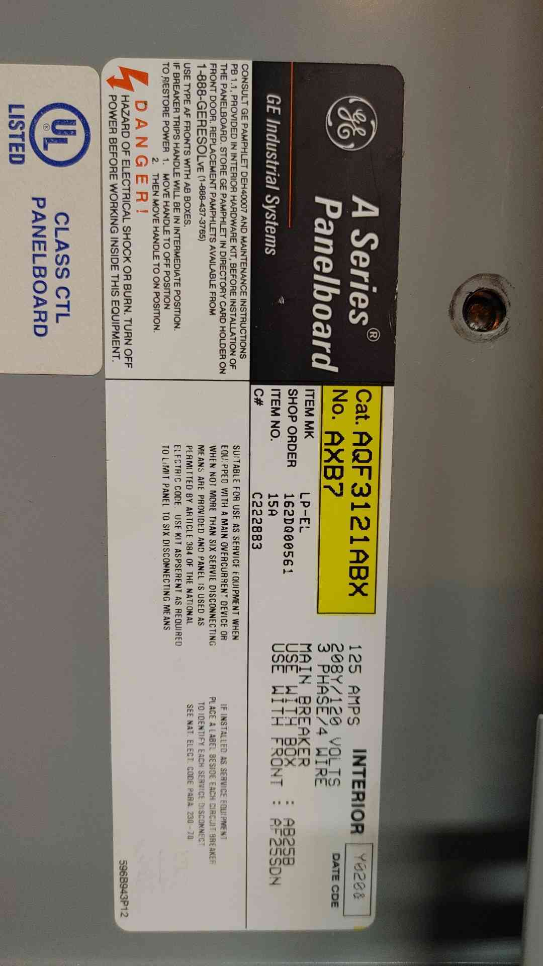 GE A Series Breaker Panelboard 125A 208Y/120VAC 3PH 4W AXB7