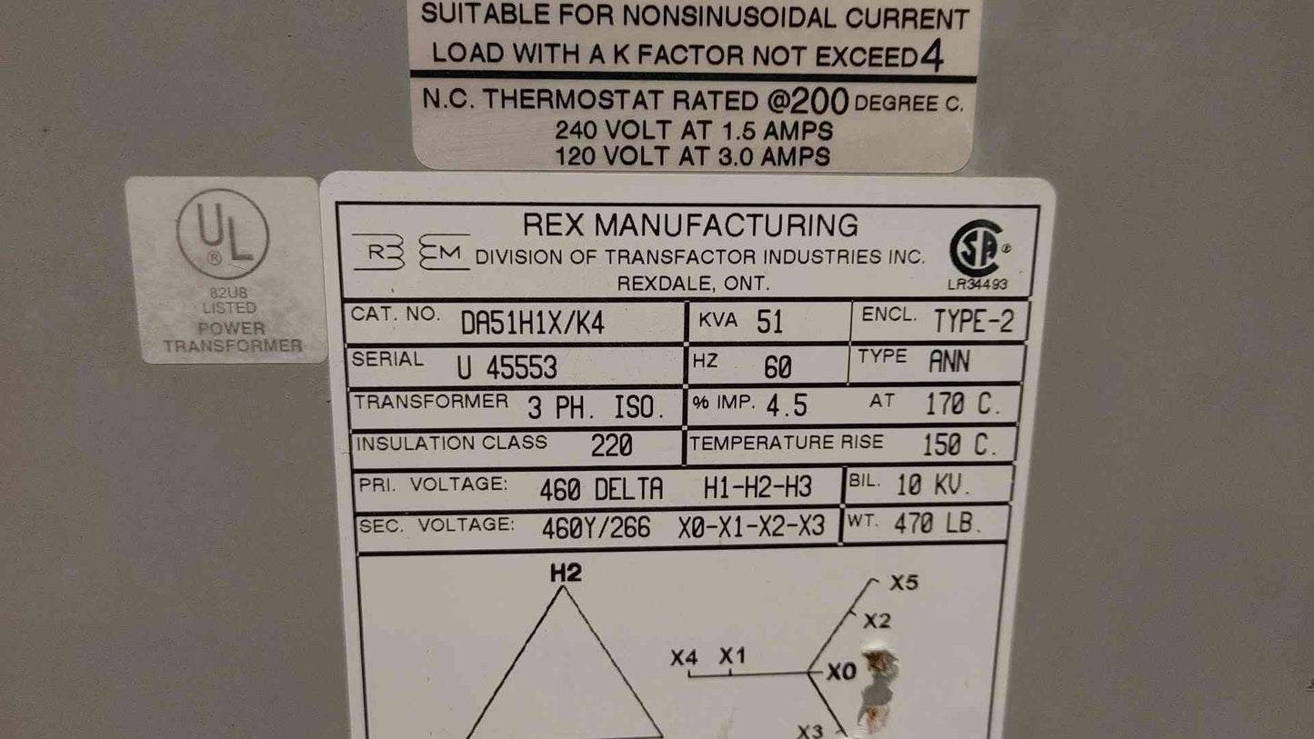 Rex Manufacturing Isolation Transformer 51KVA 3PH 460VDC x 460Y/266VAC DA51H1X/K4