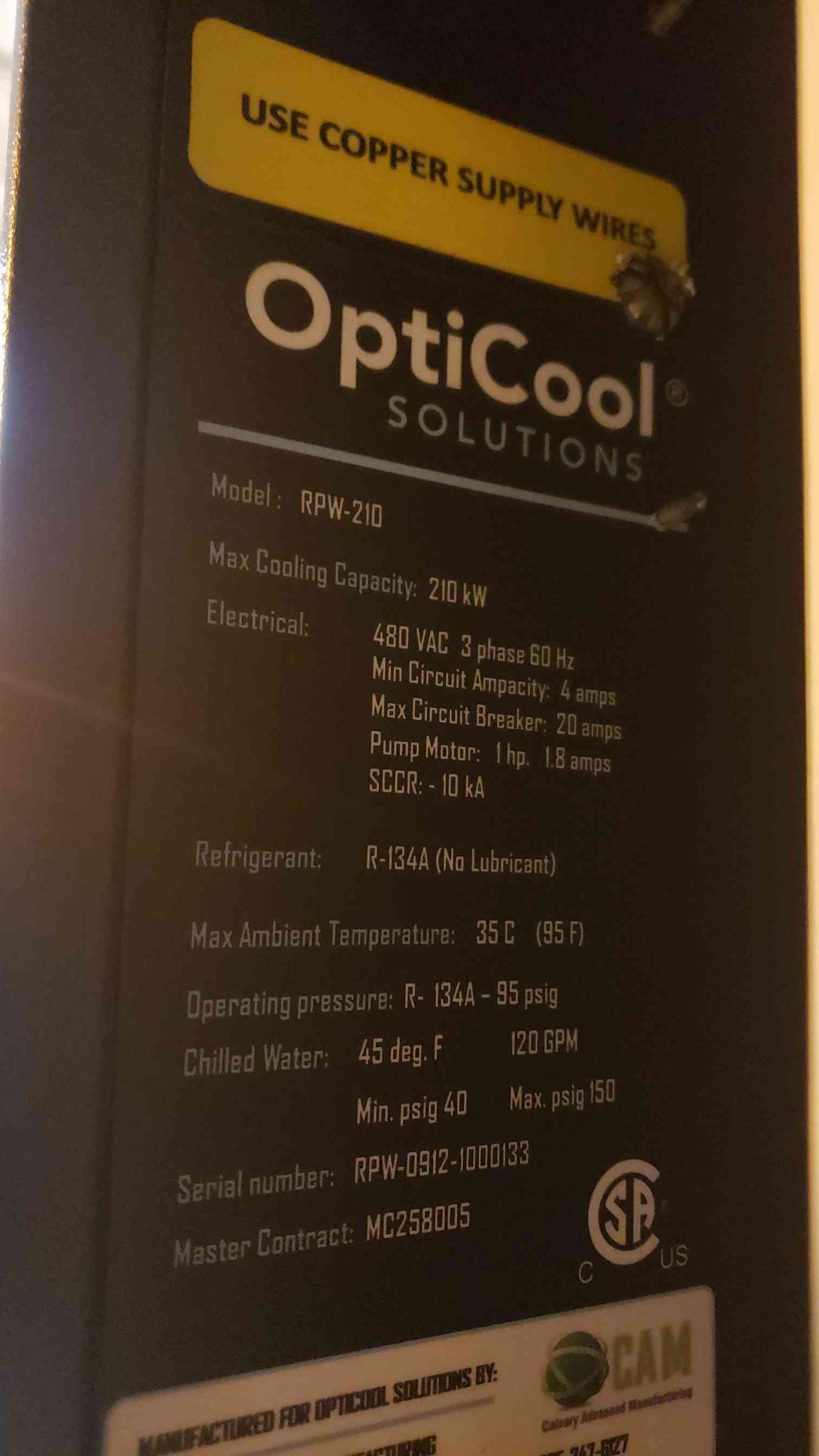 Opticool 210KW Chilled Water Pump 480/277VAC 3PH 1HP R134A RPW-210
