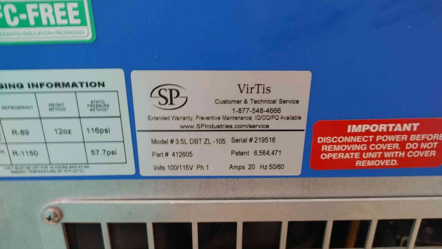 VirTis Lyo-Centre 100/115V 1PH 20A 3.5L DBT ZL-105 Lyphilizer (108352)