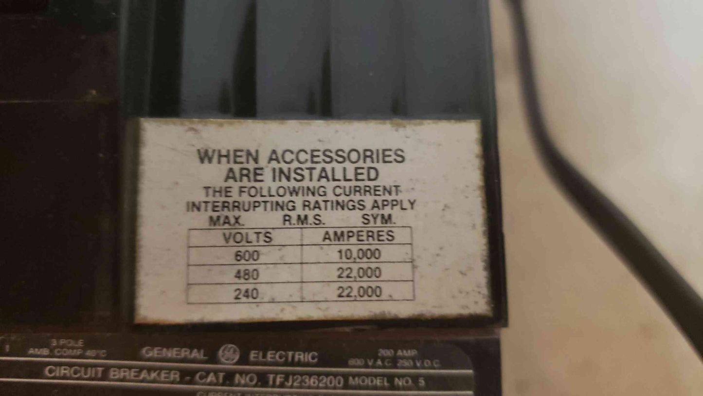 GE 200A 600VAC 3 Pole Breaker TFJ236200 (SKU: 108465)