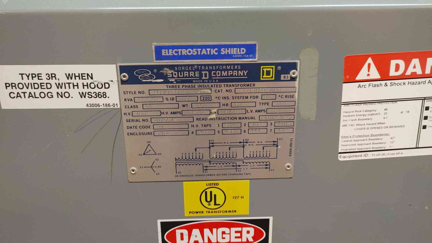 Square D Sorgel Transformer 112.5KVA 3PH 480v x 208Y/120V 112T3HBISNLP (108685)