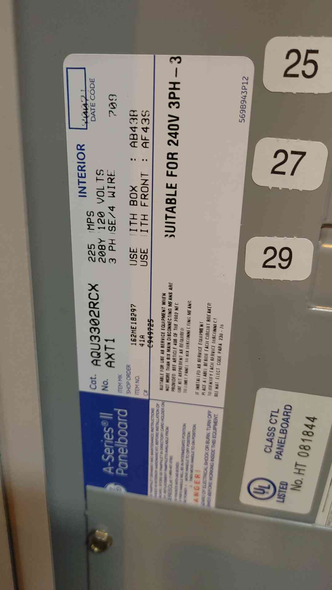 GE A Series 2 Panelboard AQU3302RCX 225 AMP 208/120 V 3 PHASE 4 WIRE (108846)