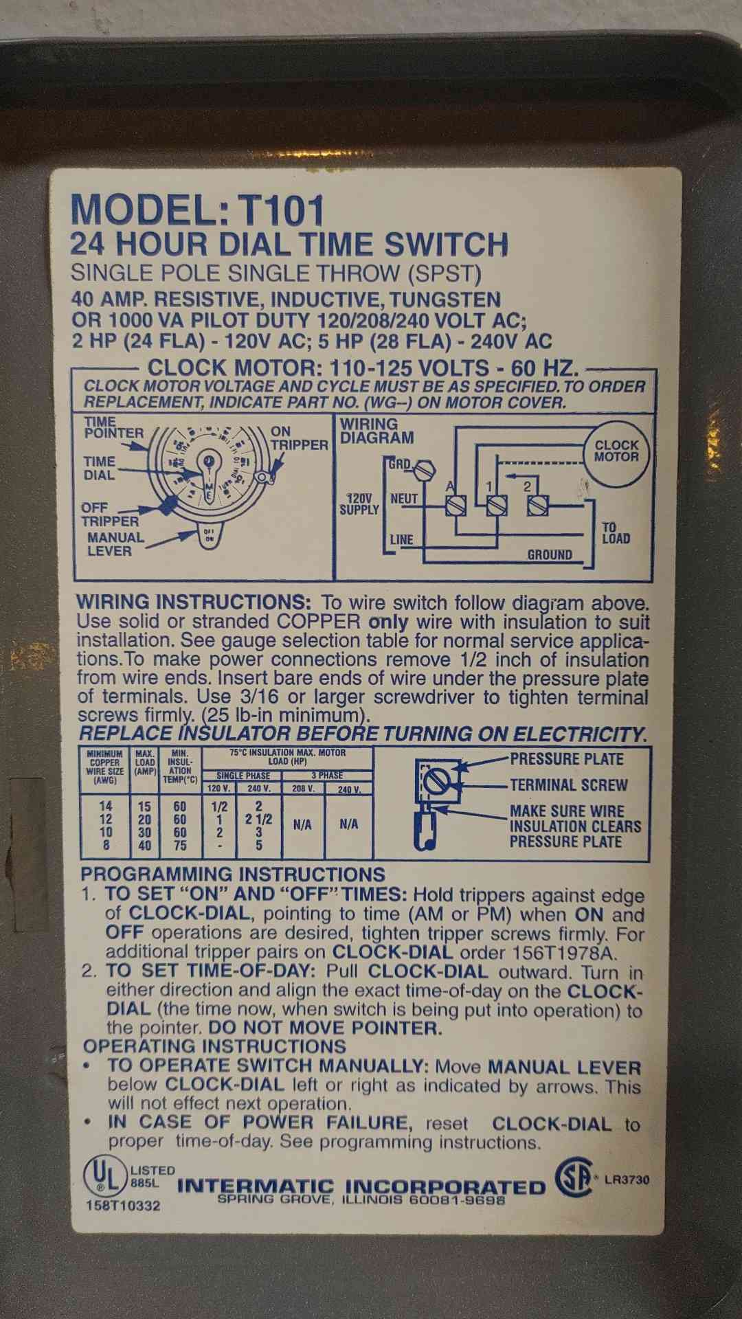 *Pickup Only* Intermatic 24Hr Dial Time Switch 120/208/240VAC T101 (108933)