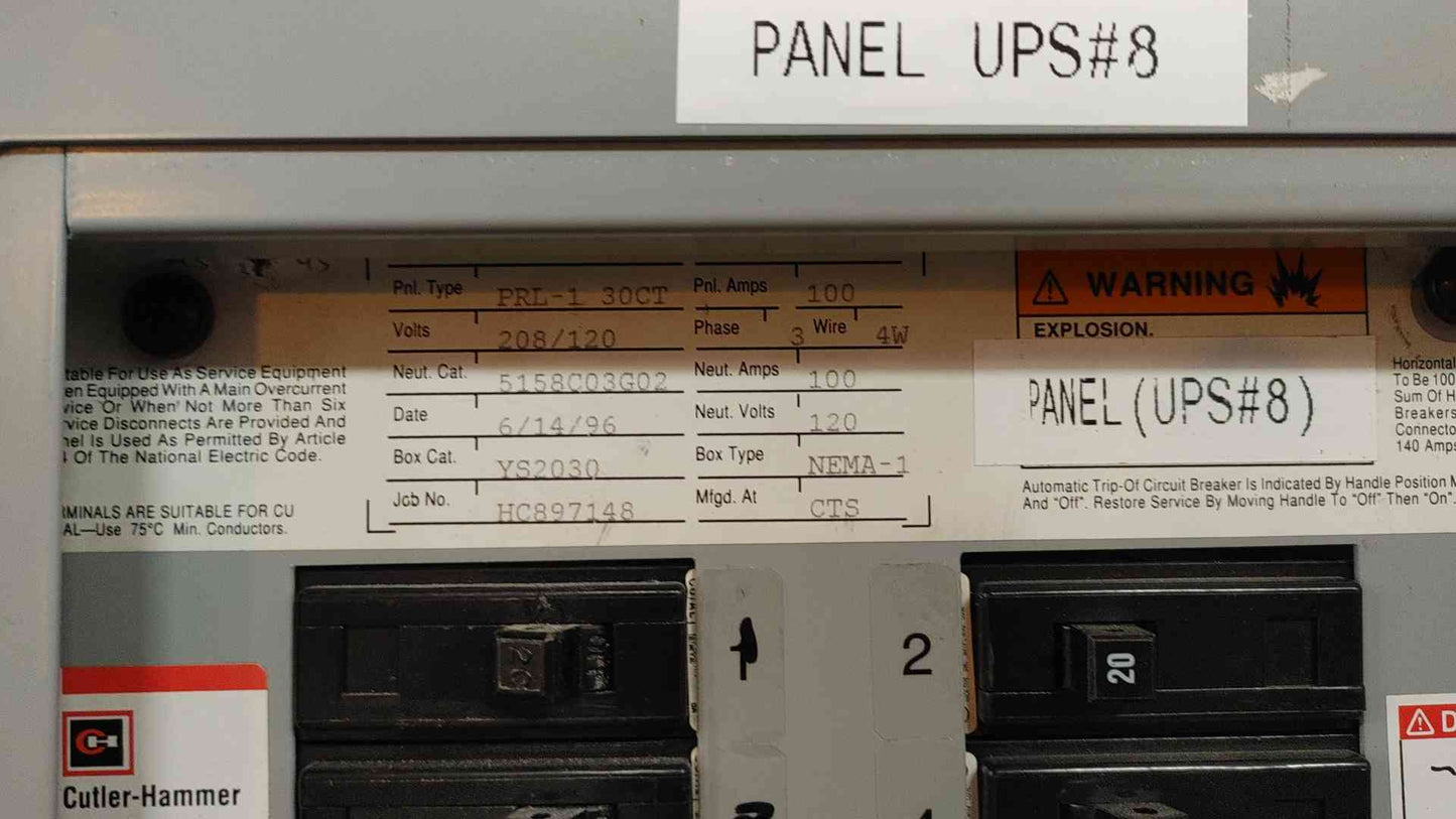 Cutler Hammer 100A PRL-1 NEMA-1 Panelboard 30CT 208/120V 3PH 4W (108988)