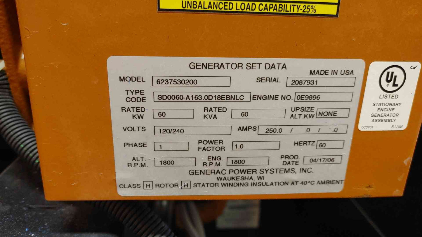 60KW Generac Generator John Deere Diesel 1Ph 1649Hrs TESTED (109030)