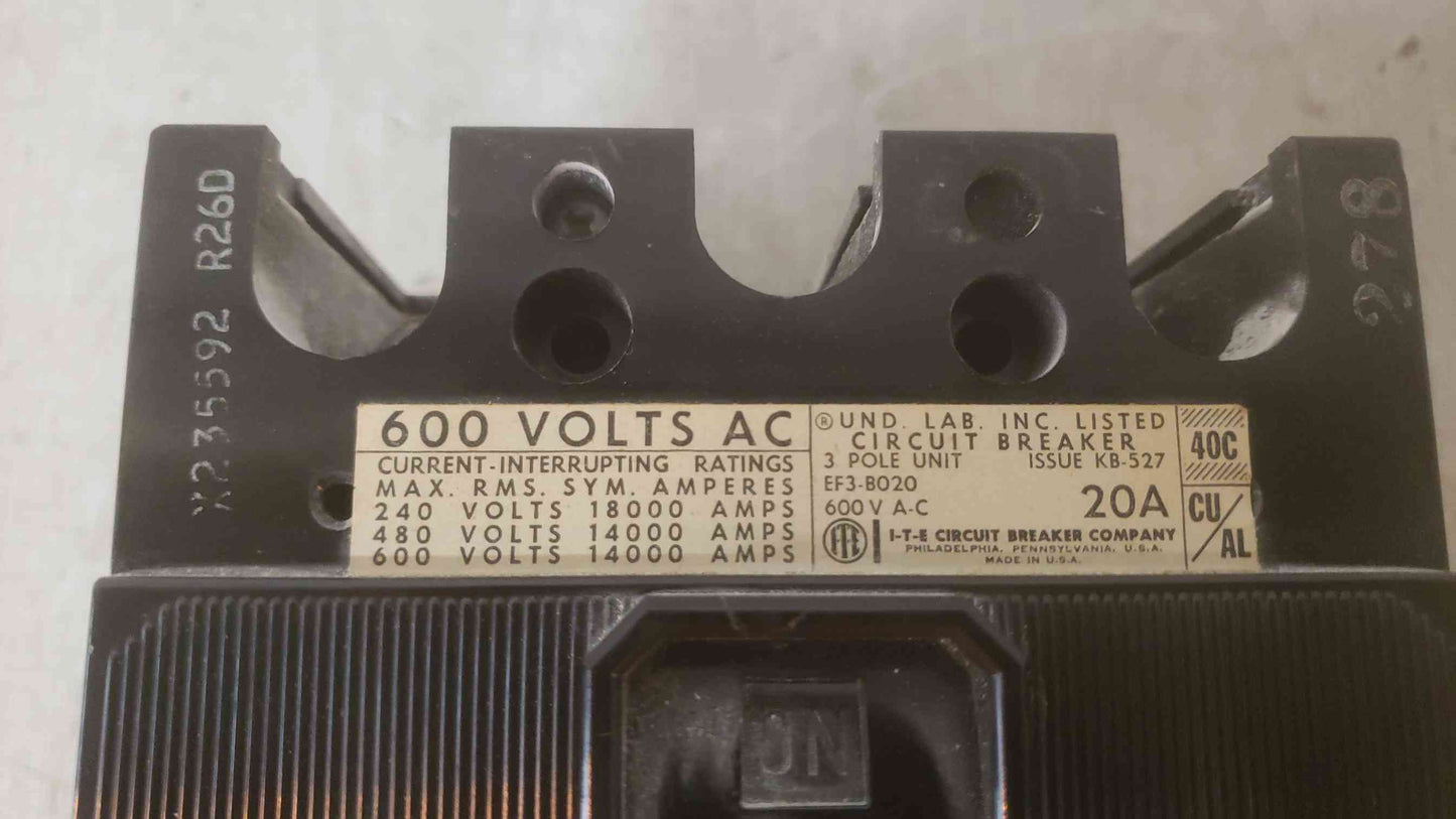 I-T-E 20A 600VAC 3 Pole Breaker EF3-B020 (SKU: 109600)