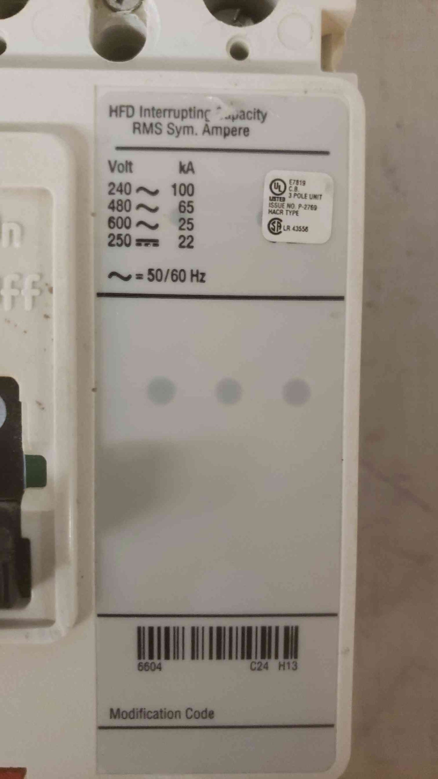 Cutler-Hammer 100A 600VAC-250VDC 3 Pole Breaker HFD3100L (SKU: 109607)