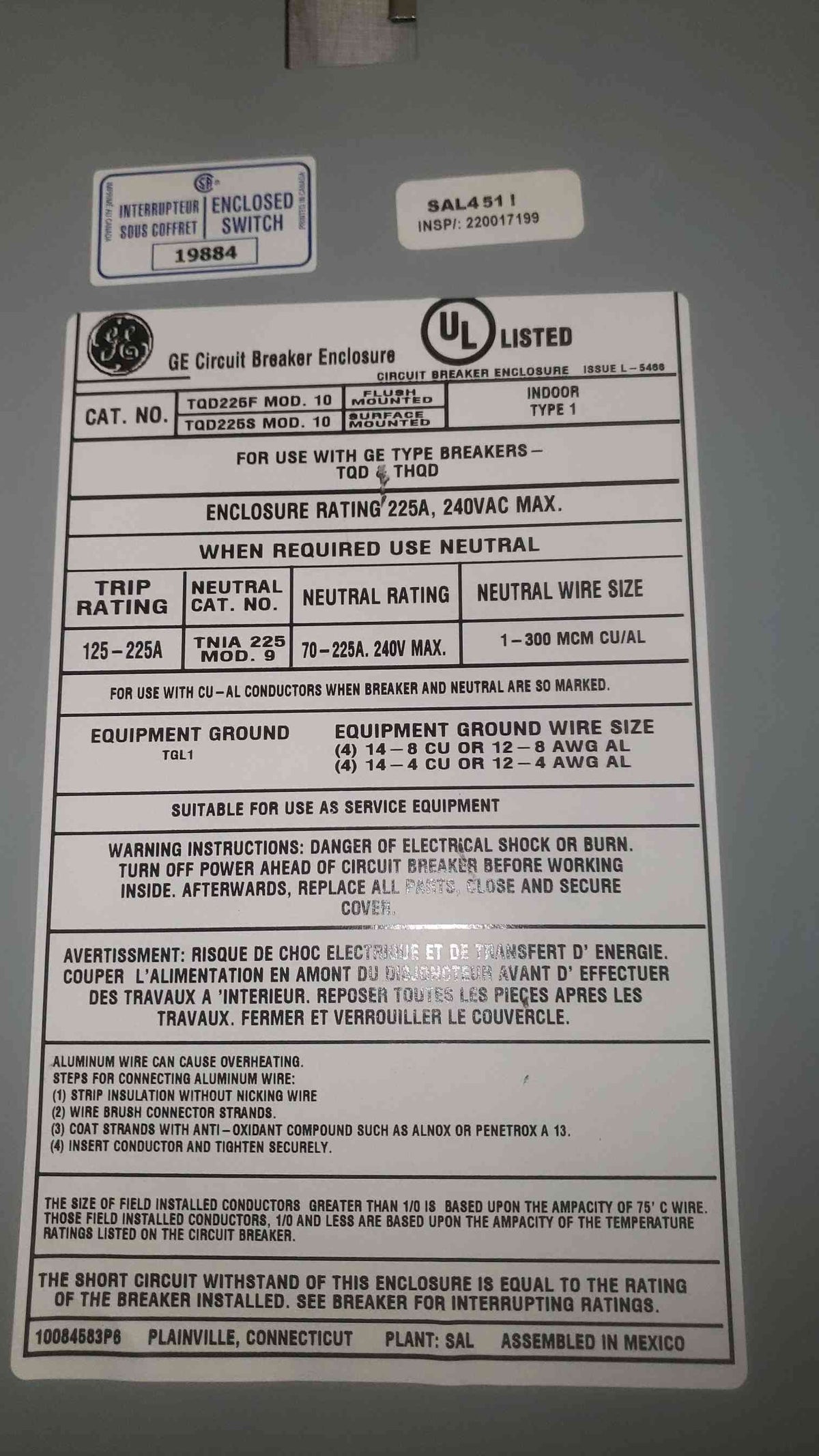 GE Circuit Breaker Enclosure 225A Max 240VAC Max TQD225S (SKU: 109672)