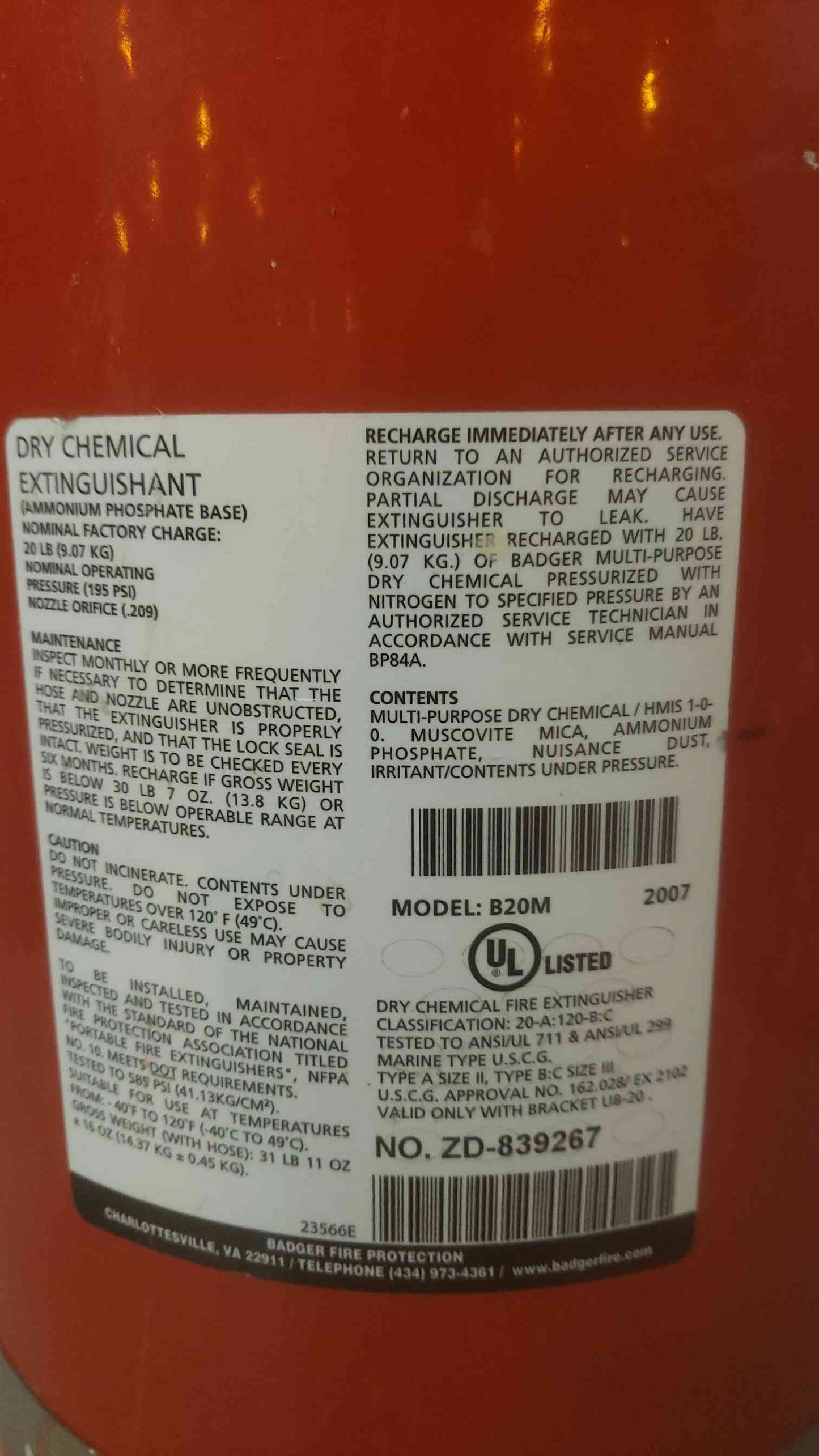 Badger ABC Dry Chemical Fire Extinguisher B20M Out of Inspection (SKU: 109899)