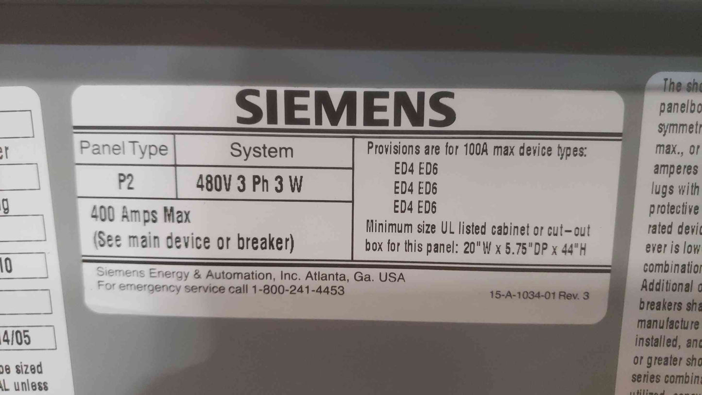 Siemens 400A 480V 3PH 3W P2F30ML400FTS Breaker Panelboard(SKU: 110554)