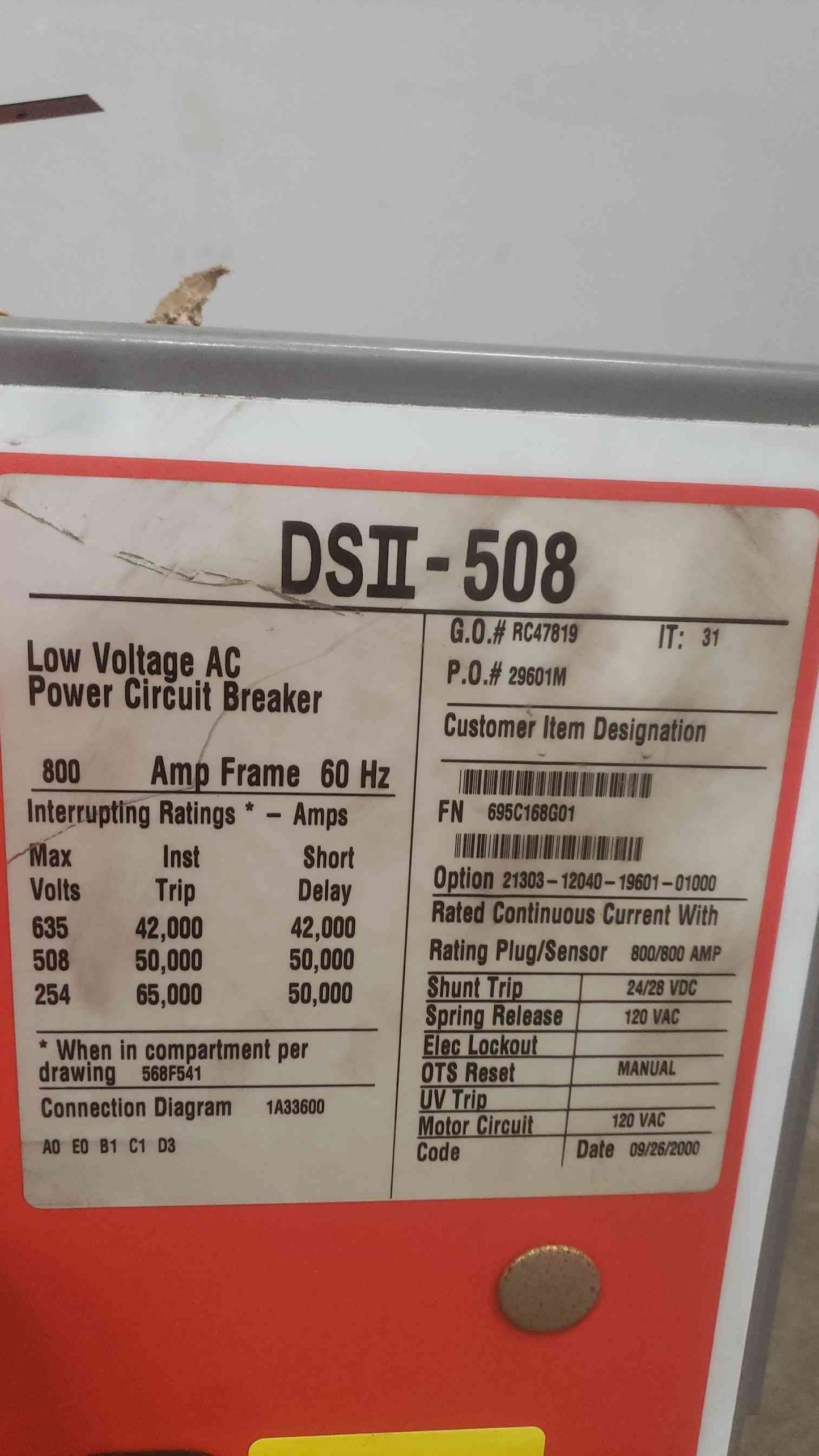 Cutler-Hammer 800A 120VAC AC Power Circuit Breaker DSII-508 (SKU: 111160)