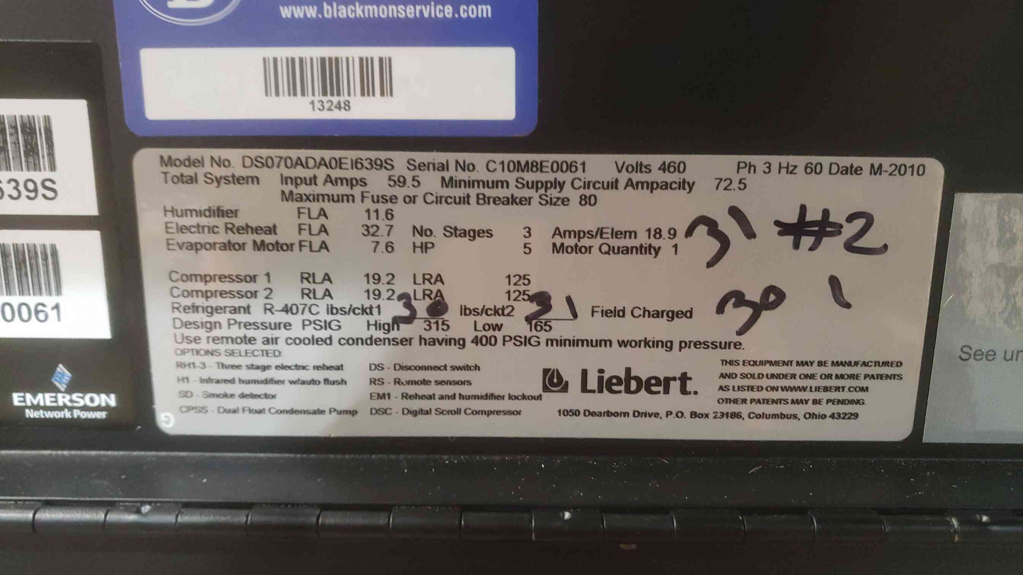 Liebert 20 Ton 460V 3PH CRAC Air Cooled R407C DS070A DA0EI639S 2010 (SKU: 111201)