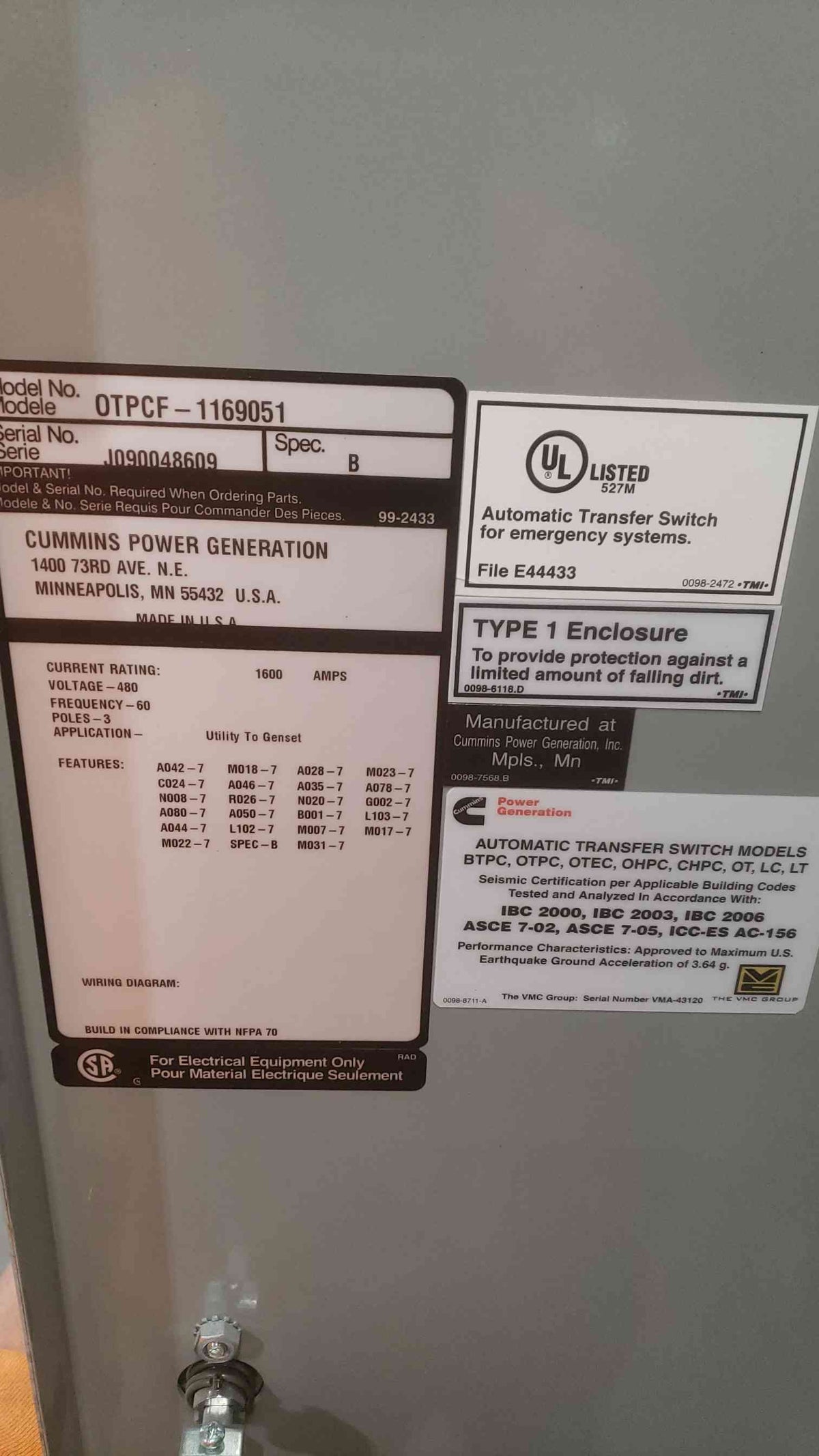 Cummins 1600A 480V 60Hz 3 Pole ATS OTPCF-1169051 (SKU: 111240)