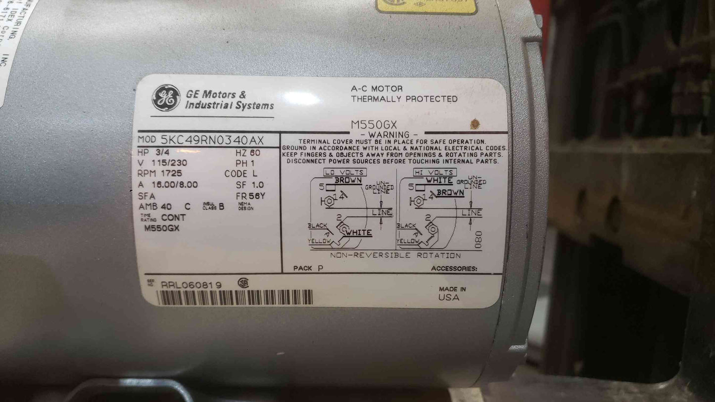 GE 3/4HP 115/230V 16/8A 1PH Motor 5KC49RN0340AX (SKU: 111487)