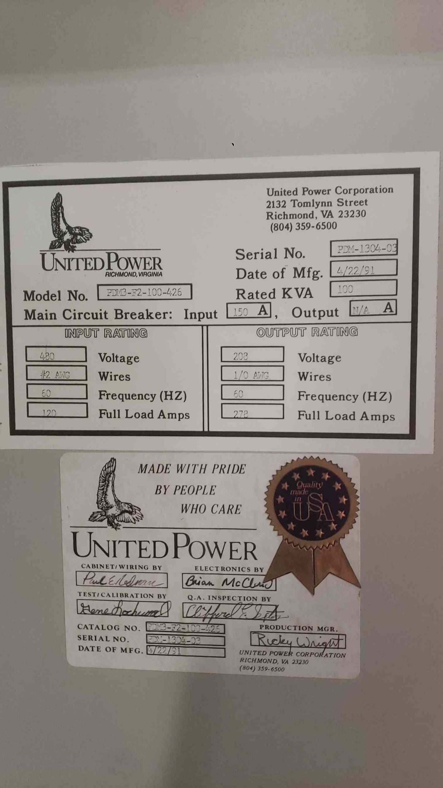 United Power 100KVA 480v x 208V PDU PDM3-F2-100-426 (SKU: 111779)