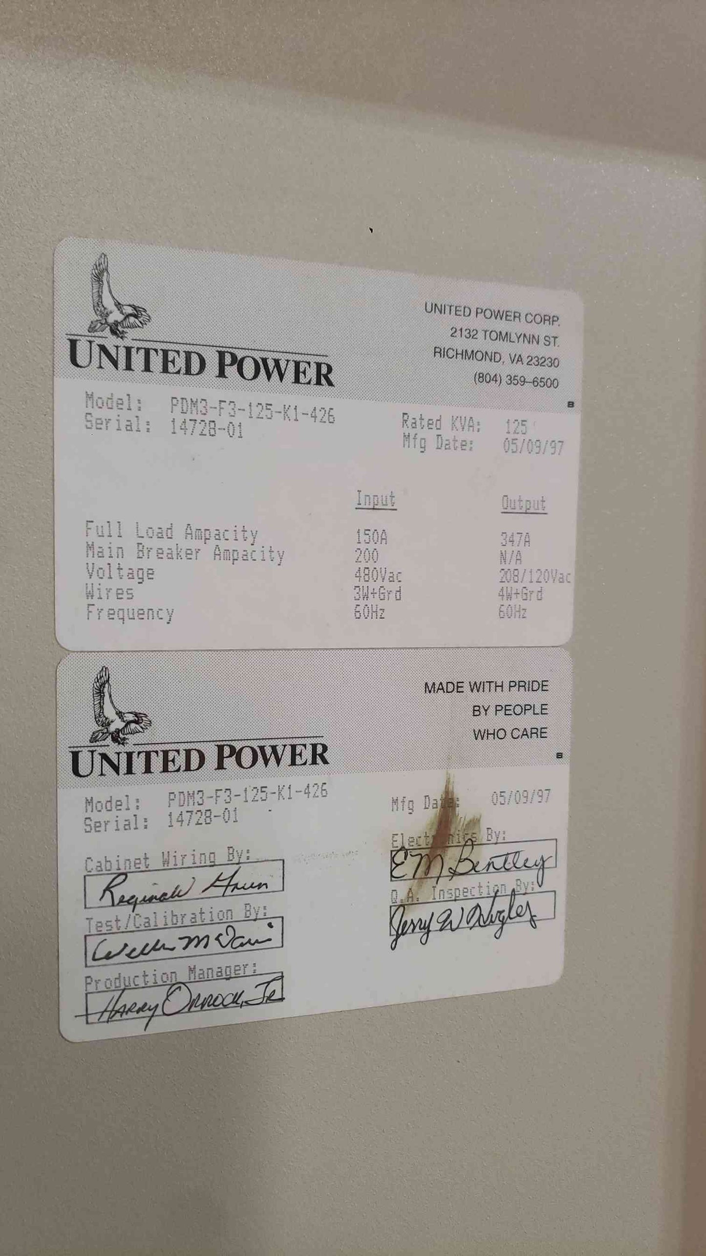 United Power 125KVA 480v x 208/120v PDU PDM3-F3-125-K1-426 (SKU: 111781)