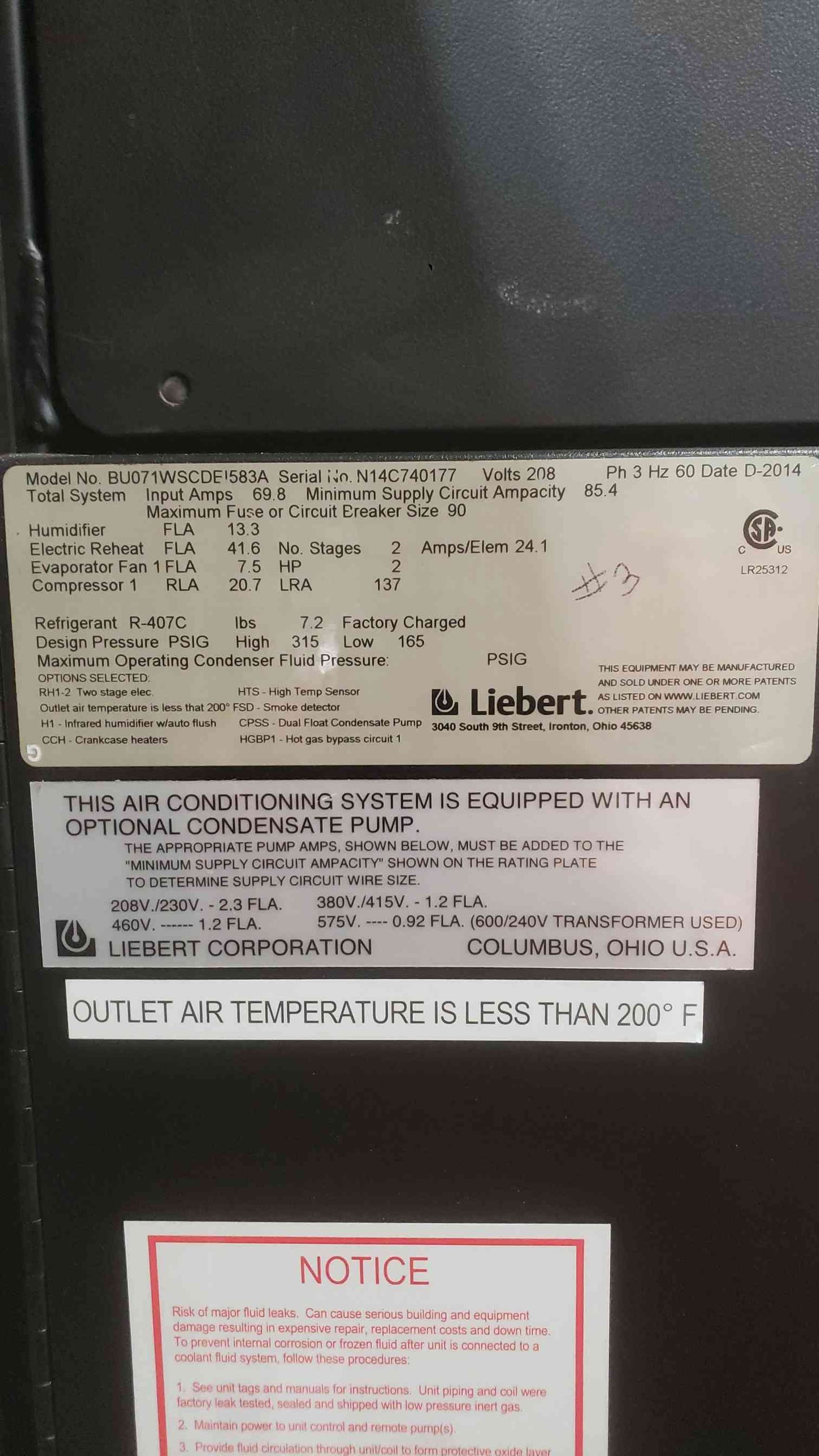 Liebert Challenger 3000 5 Ton CRAC 208V 3PH BU071WSCDEI583A Upflow '14 (SKU: 111789)