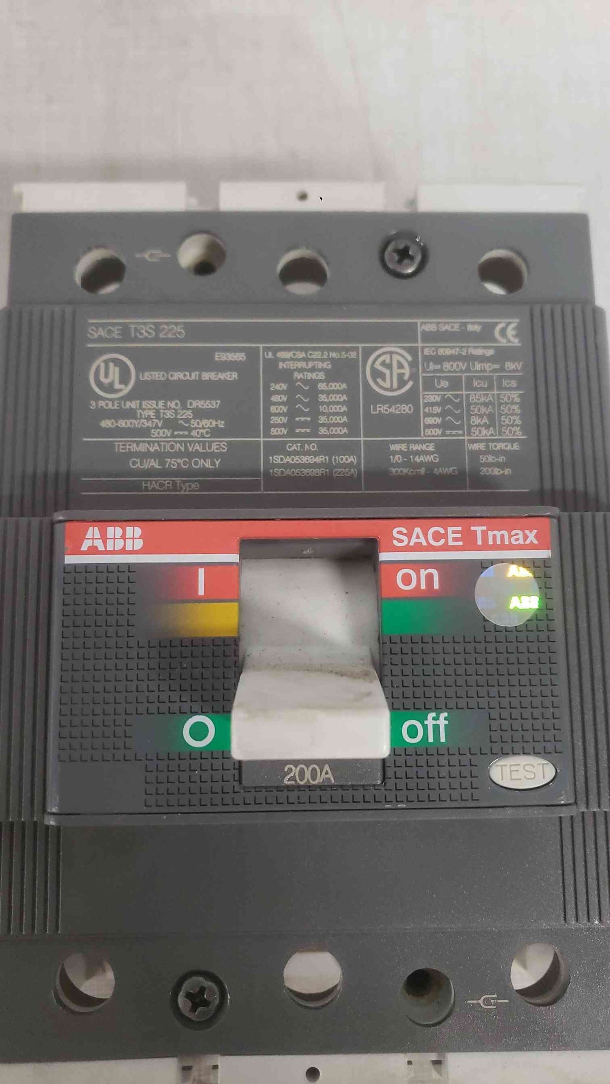 ABB 200A ABB SACE Tmax T3S 225 3 Pole Breaker (SKU: 111874)
