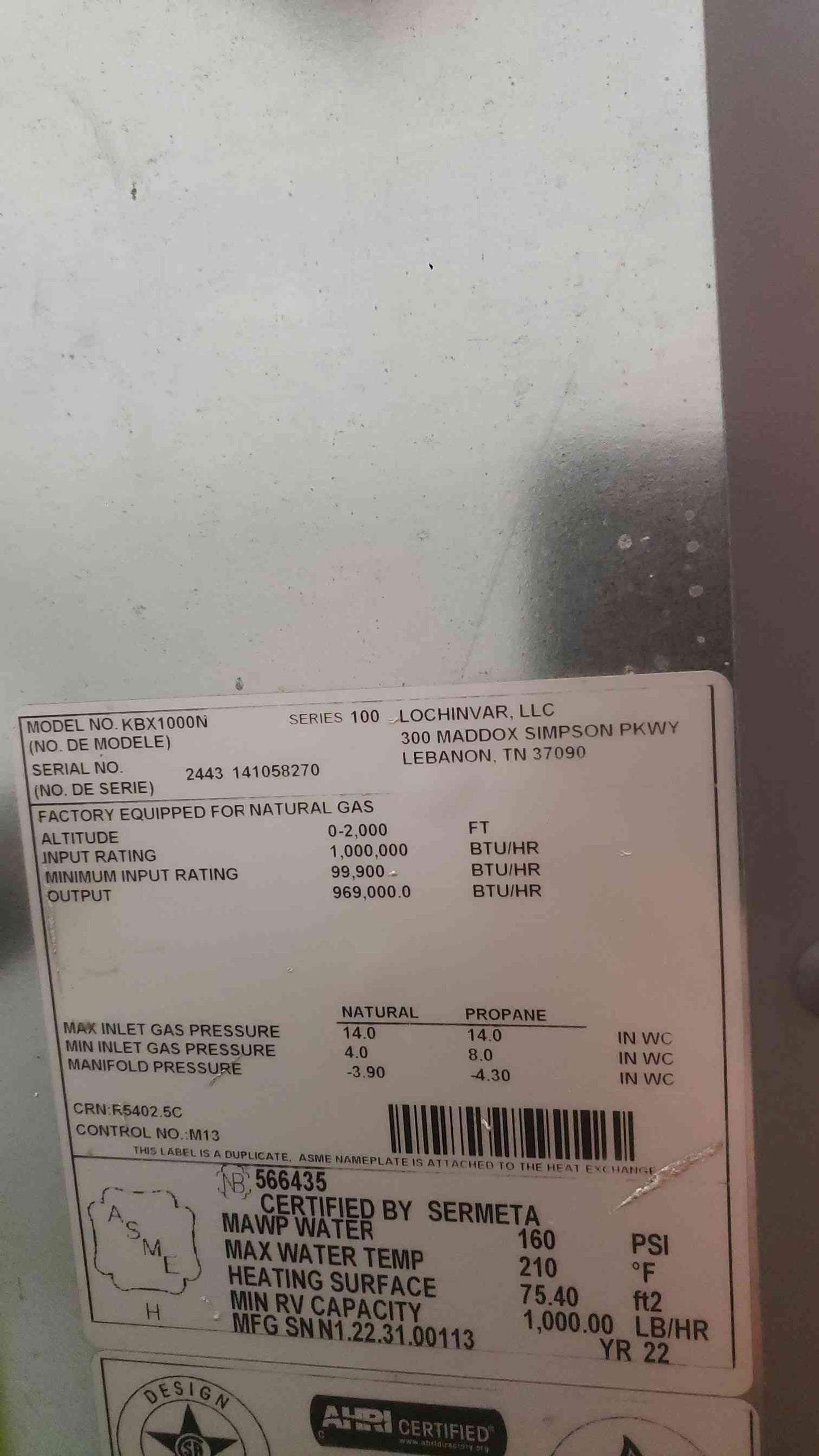 Lochinvar Knight XL Natural Gas Commercial Boiler KBX1000N 2022 (SKU: 112141)