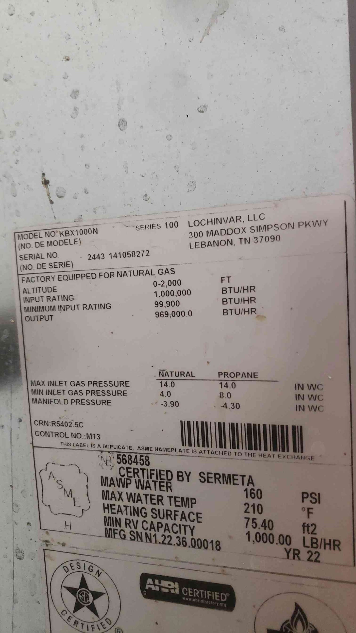 Lochinvar Knight XL Natural Gas Commercial Boiler KBX1000N 2022 Cracked Screen (SKU: 112142)