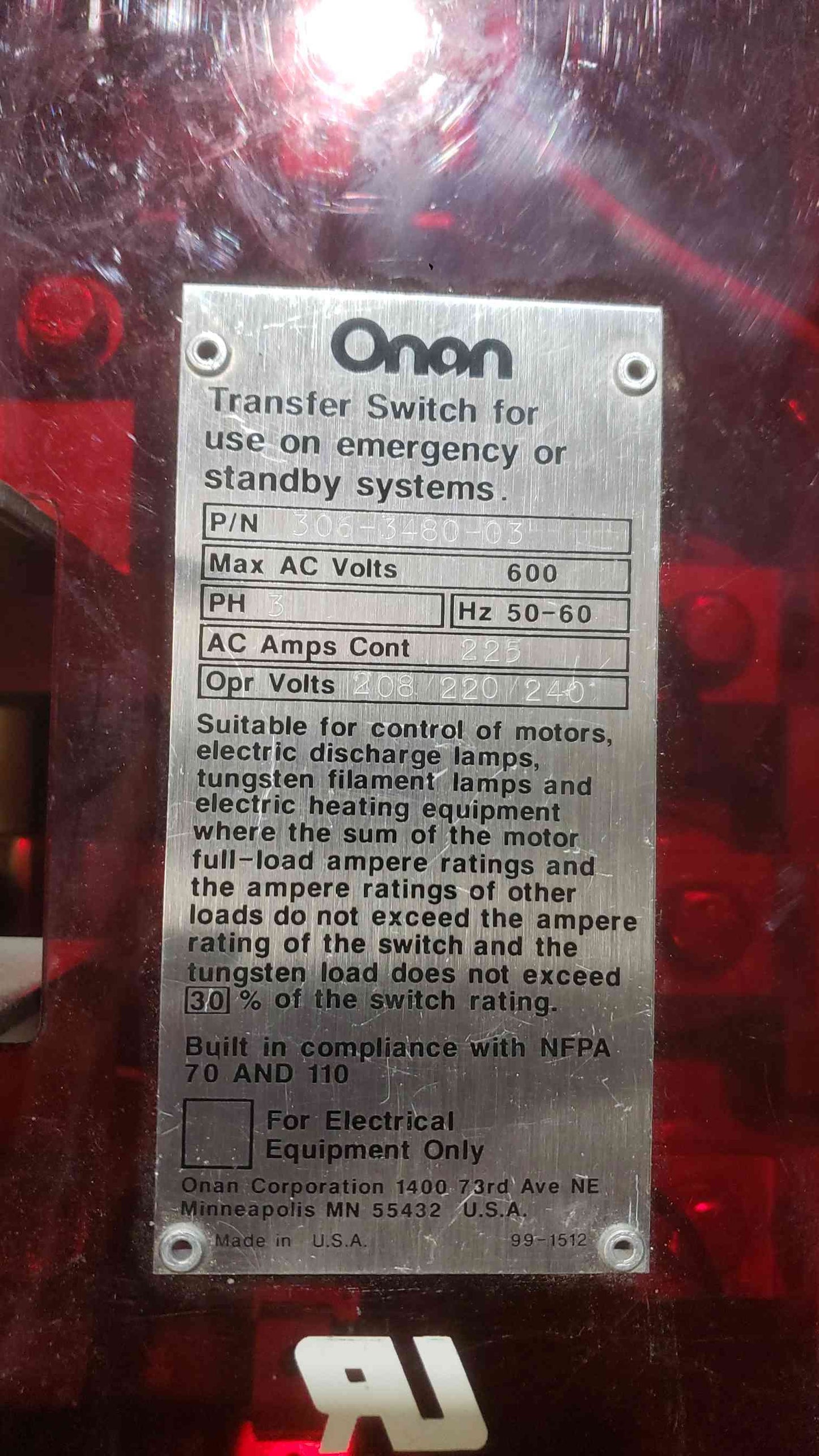 Onan 225A 120/208V 3PH 4W Automatic Transfer Switch ATS OTCU 225C 14G (SKU: 112164)