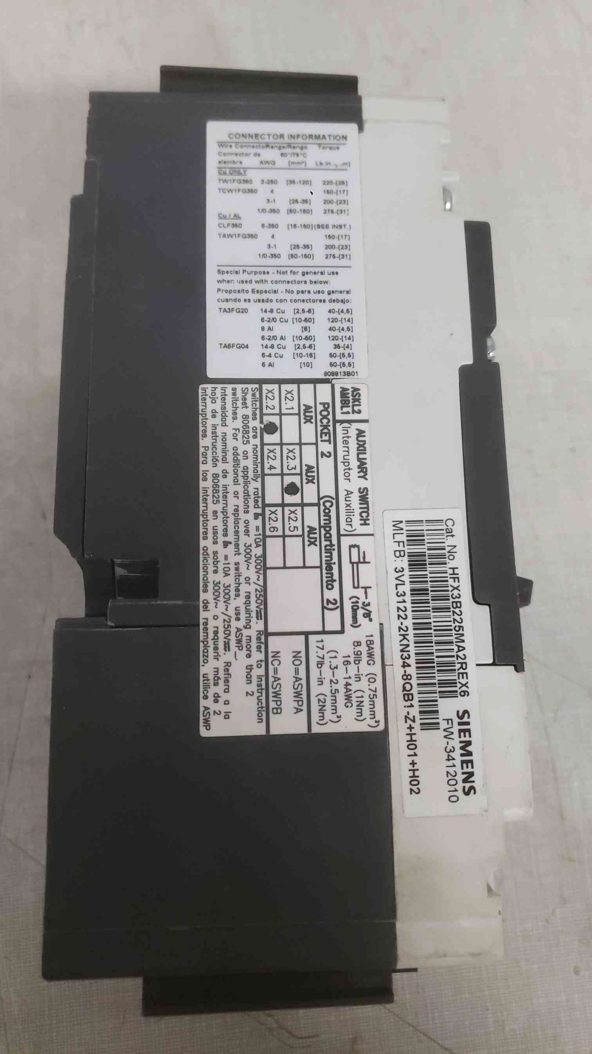 Siemens FG 225A 240VAC 3 Pole Breaker HFX3B225MA2REX6 HFGA (SKU: 112241)