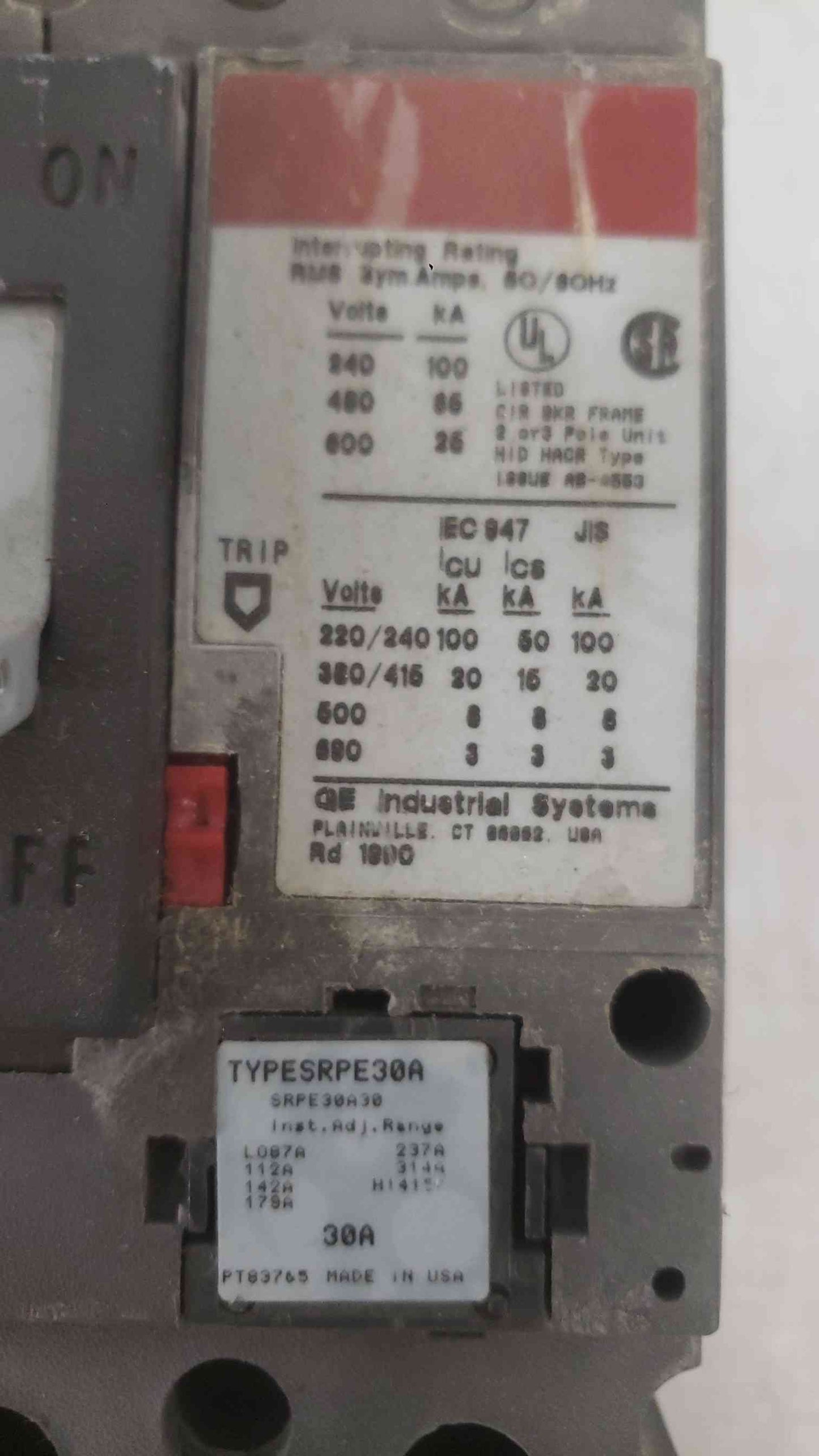 GE 30A 600VAC 3 Pole Breaker SELA36AT0030 (SKU: 112283)