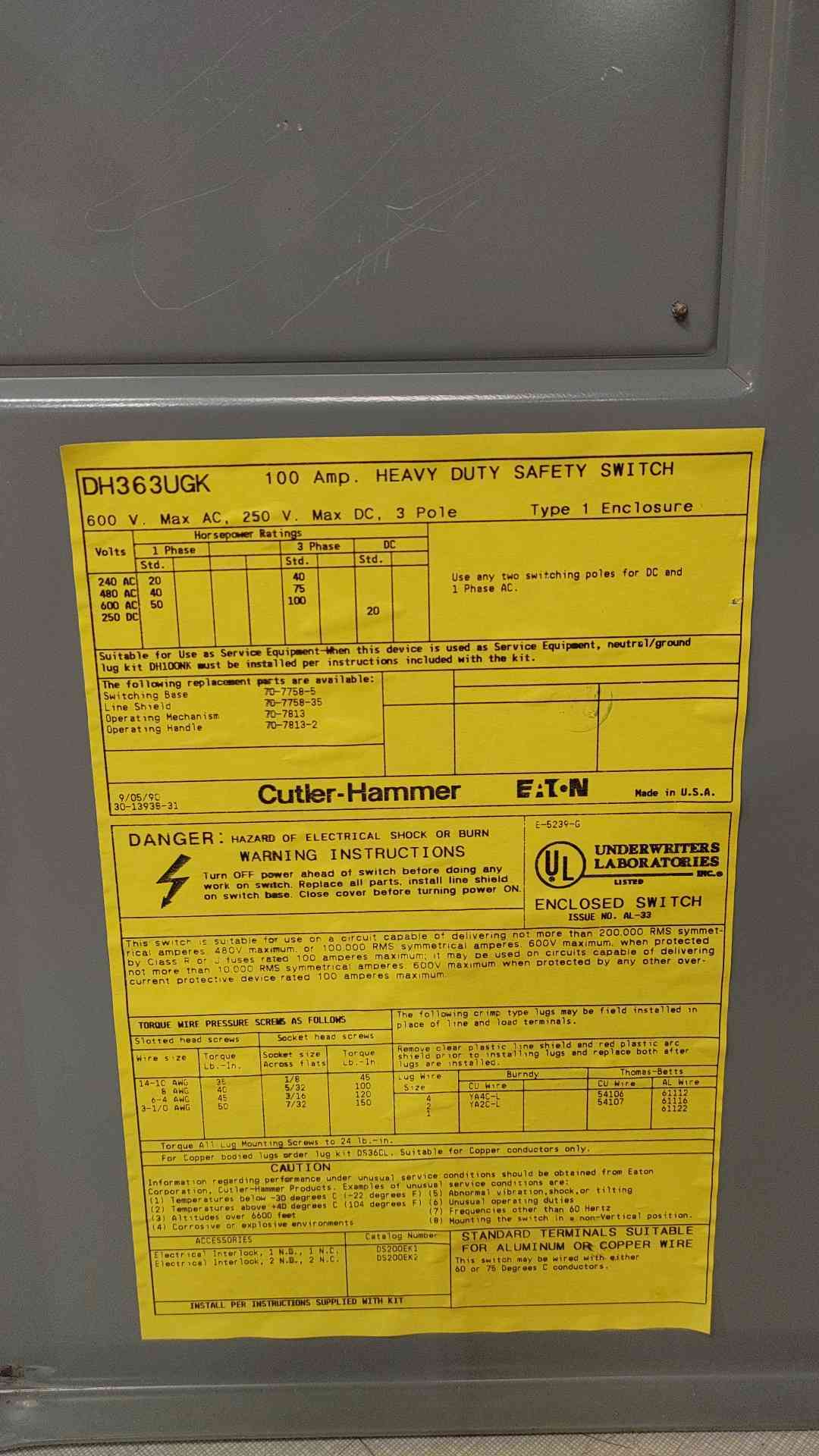 Cutler-Hammer 100A 600V Heavy Duty Safety Switch DH363UGK(SKU: 112287)