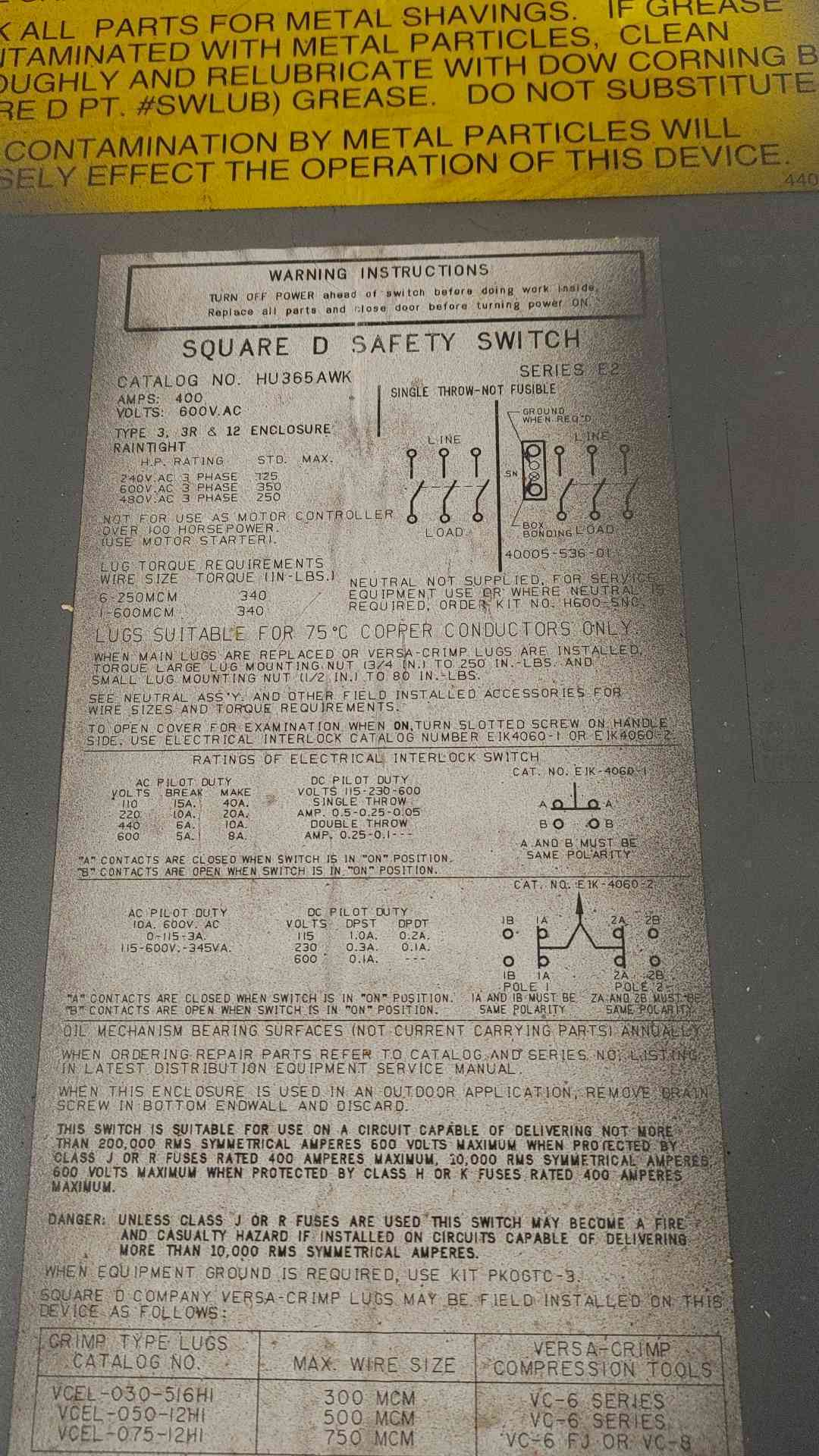 Square D 600V 400A 3PH Safety Switch HU365AWK(SKU: 112368)