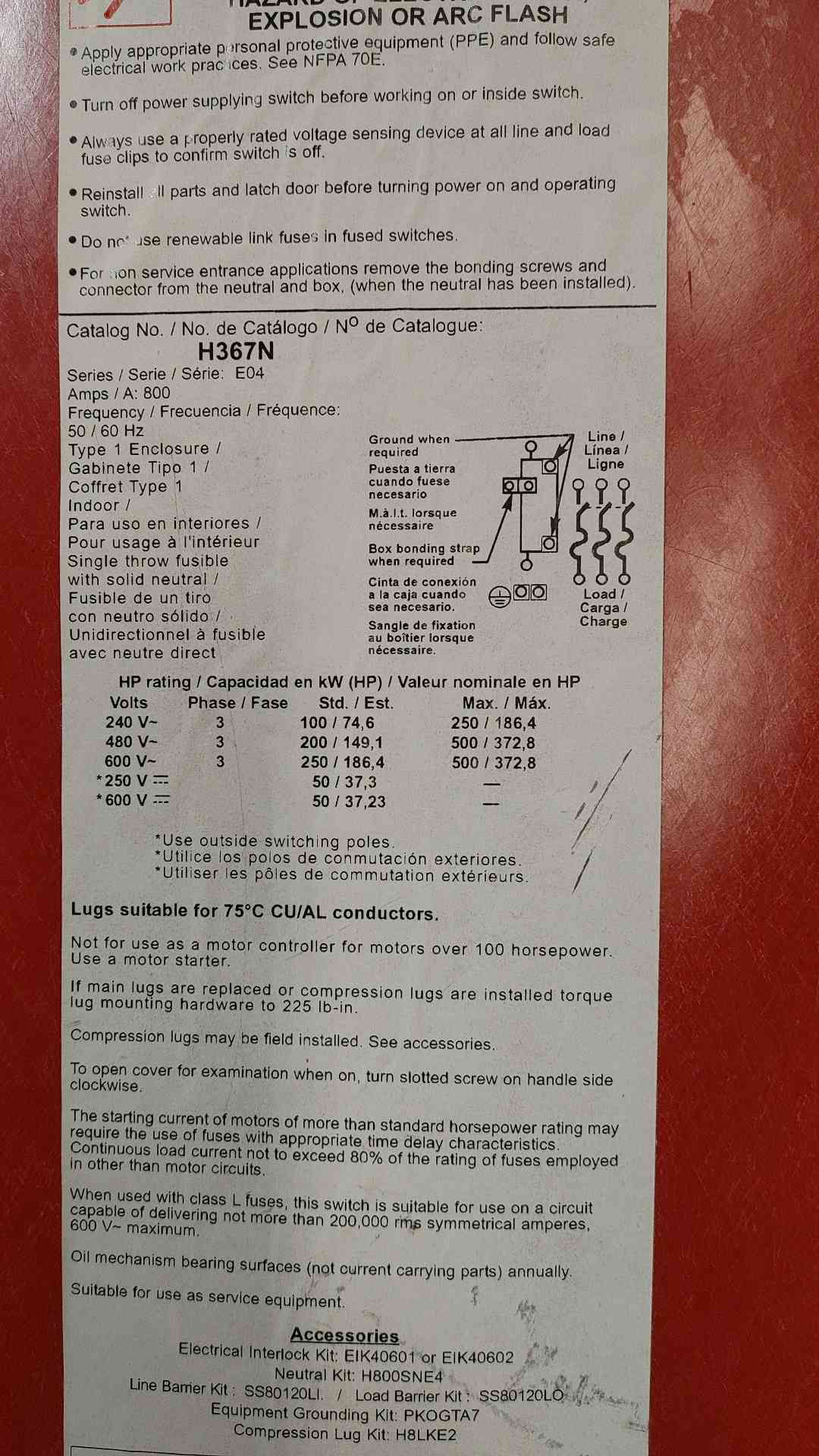 SQUARE D 800A 600V Heavy Duty Safety Switch H367N(SKU: 112377)