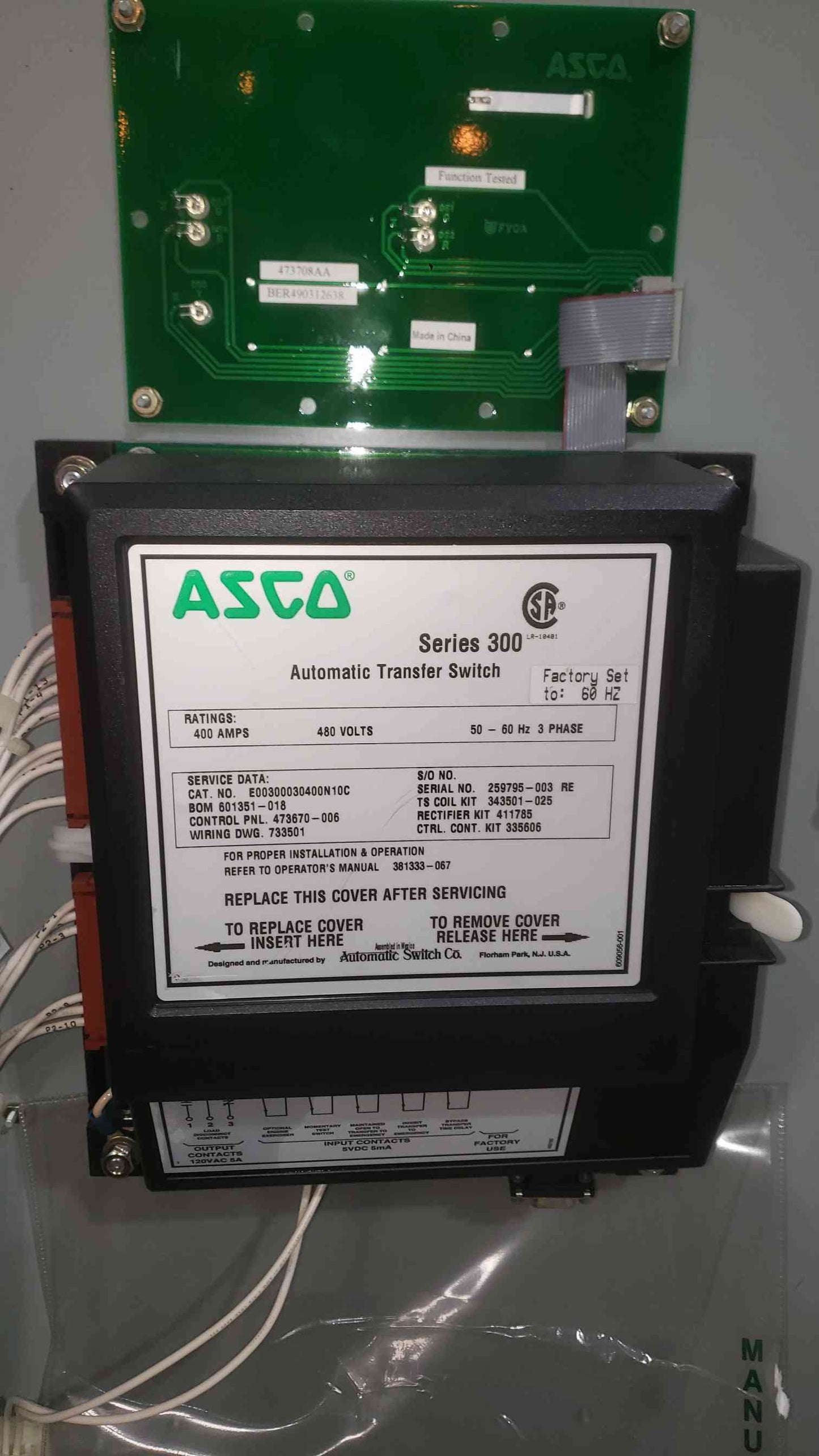 ASCO Series 300 400A 480V 3PH Automatic Transfer Switch ATS E0300030400N10C