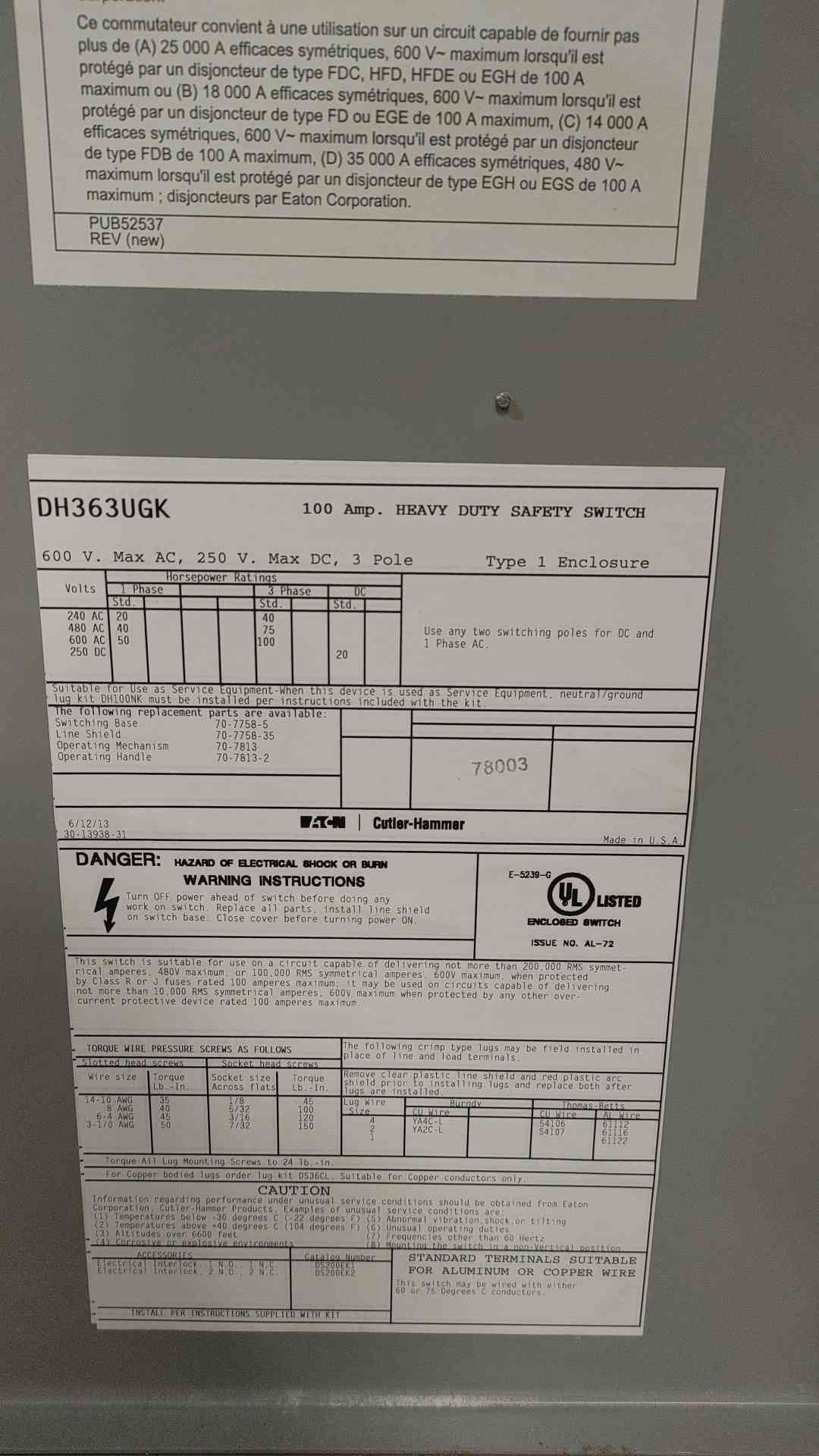 EATON 100A, 600V~, 60Hz, 250V Heavy Duty Safety Switch DH363UGK(SKU: 112471)
