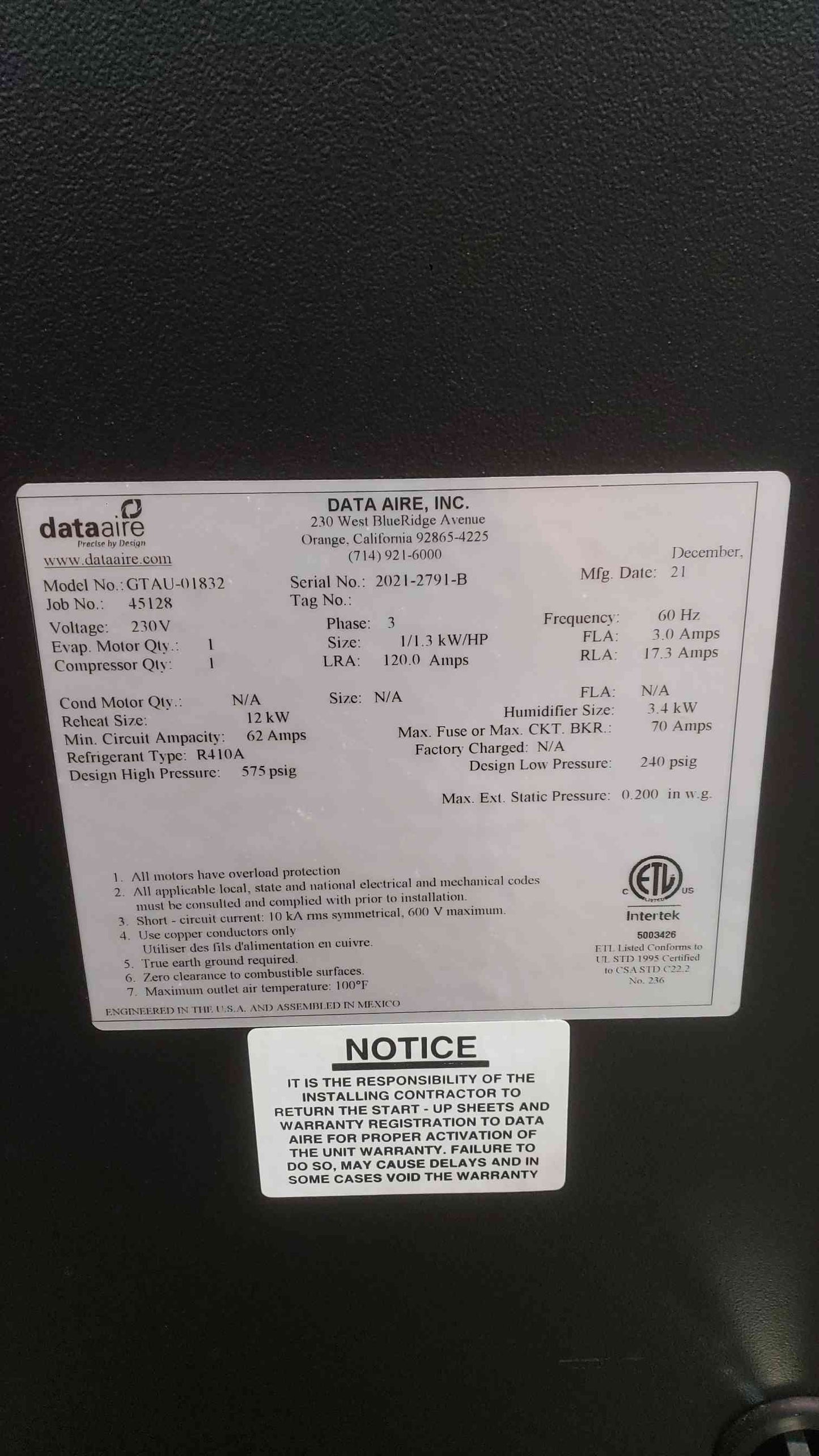 Data Aire 1.5 Ton Air Cooled 230V 3PH Crac Unit GTAU-01832 2021 (SKU: 112460)
